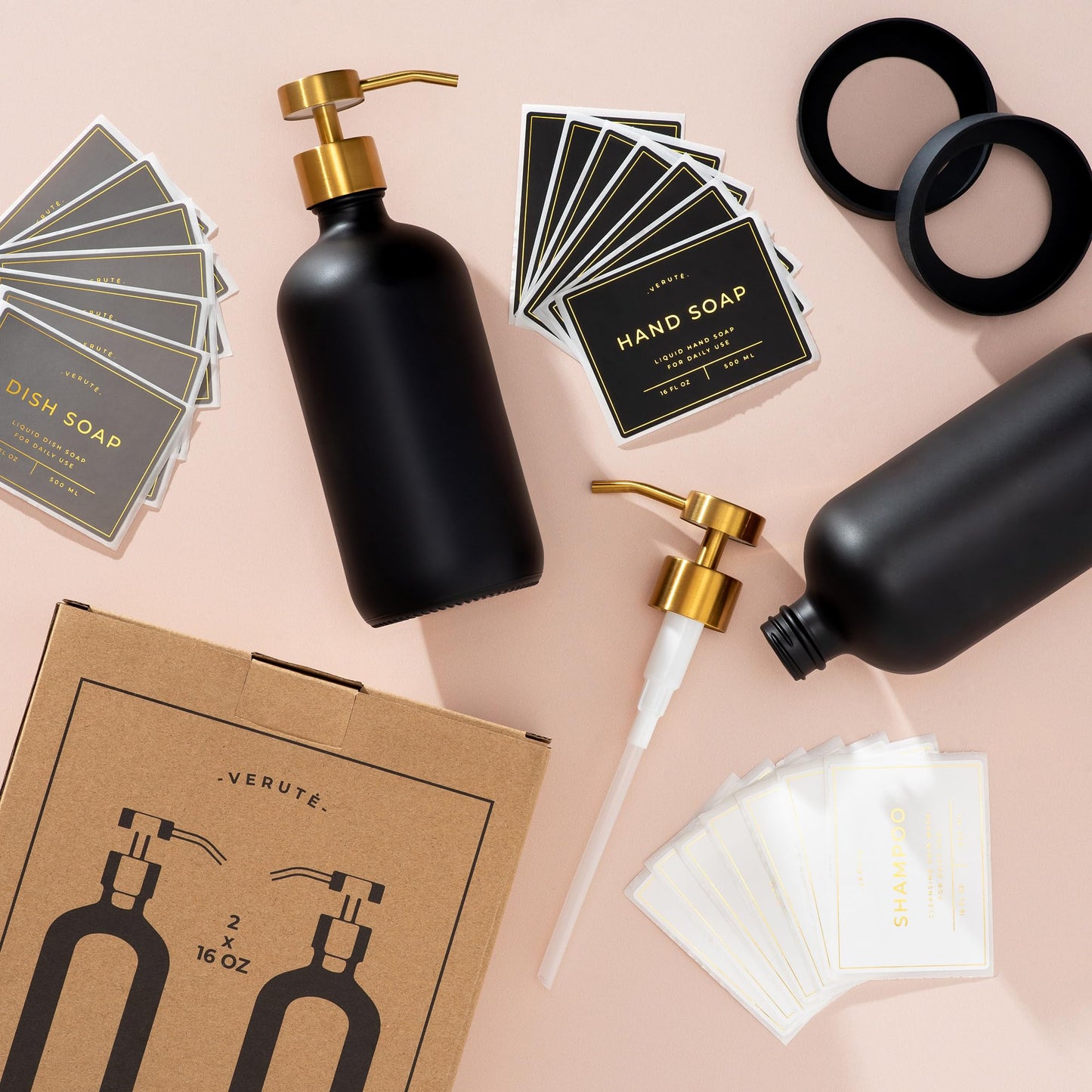 Verute 500ml Glass Soap Dispenser with Stainless Steel Pump, 21 Waterproof Labels, Non-Slip Protective Silicone Pad, Set of 2 for Bathroom & Kitchen (Matte Black Bottle/Brushed Gold Pump)