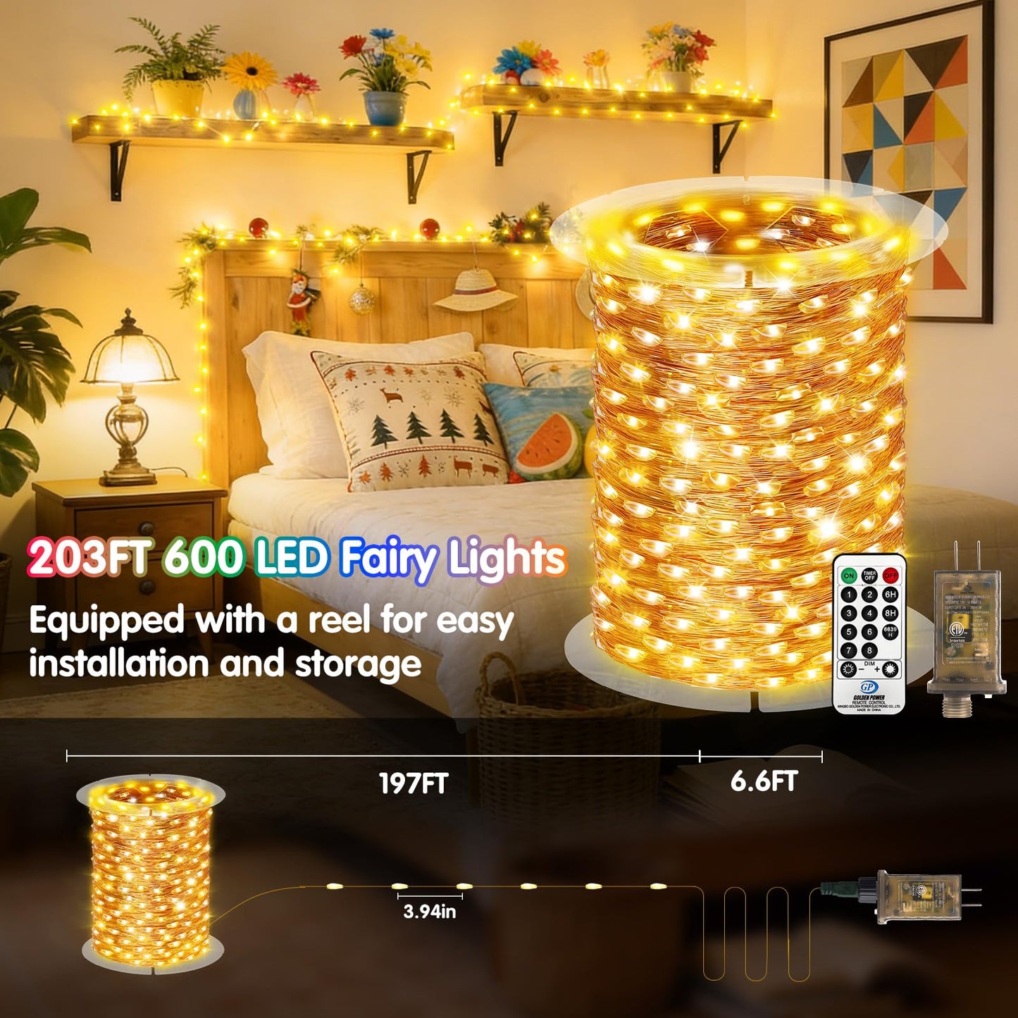 KNONEW Fairy Lights Plug in, 203FT 600 LED String Lights Indoor Outdoor Waterproof 8 Modes Memory Times Twinkle Lights for Wedding Bedroom Walls Garden Trees Decoration(Warm White)