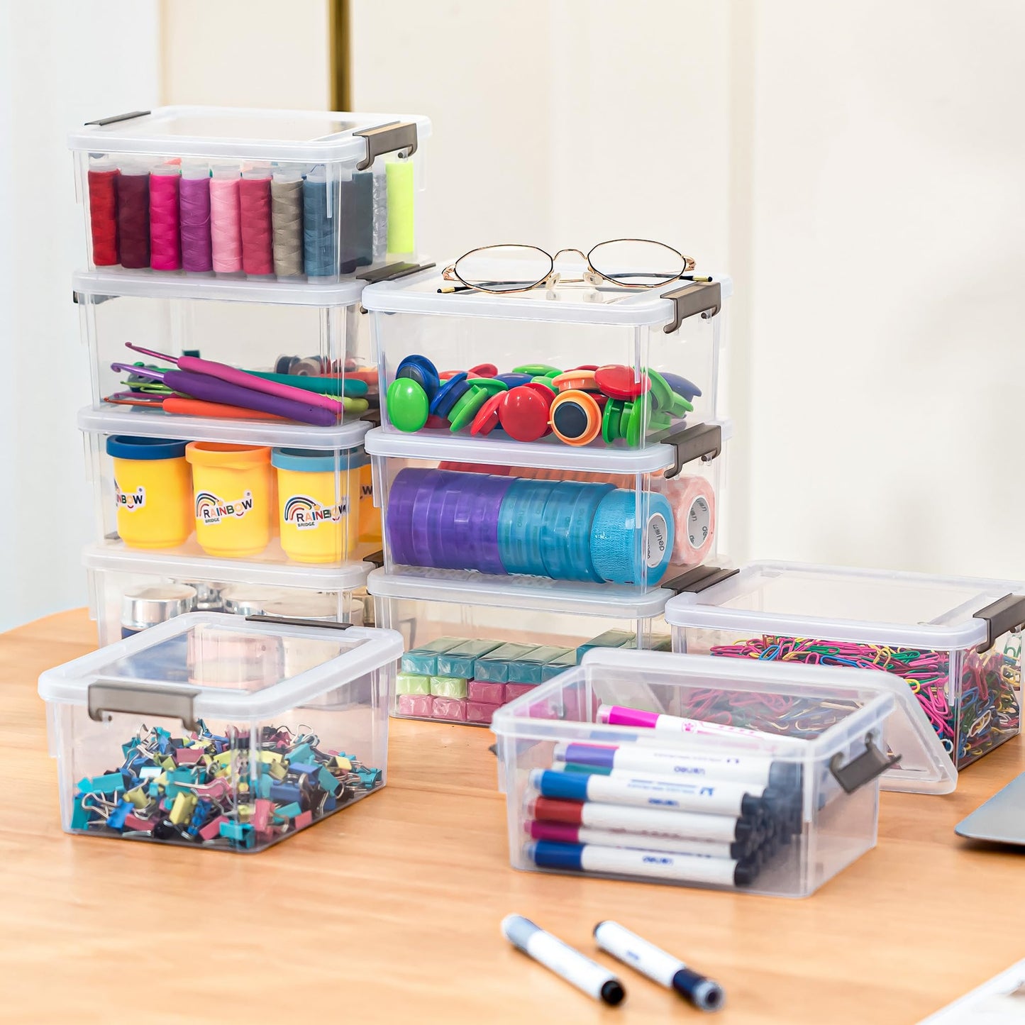 Citylife 1.3 QT 10 Pack Small Storage Bins Plastic Storage Container Stackable Box with Lids for Organizing, Clear White