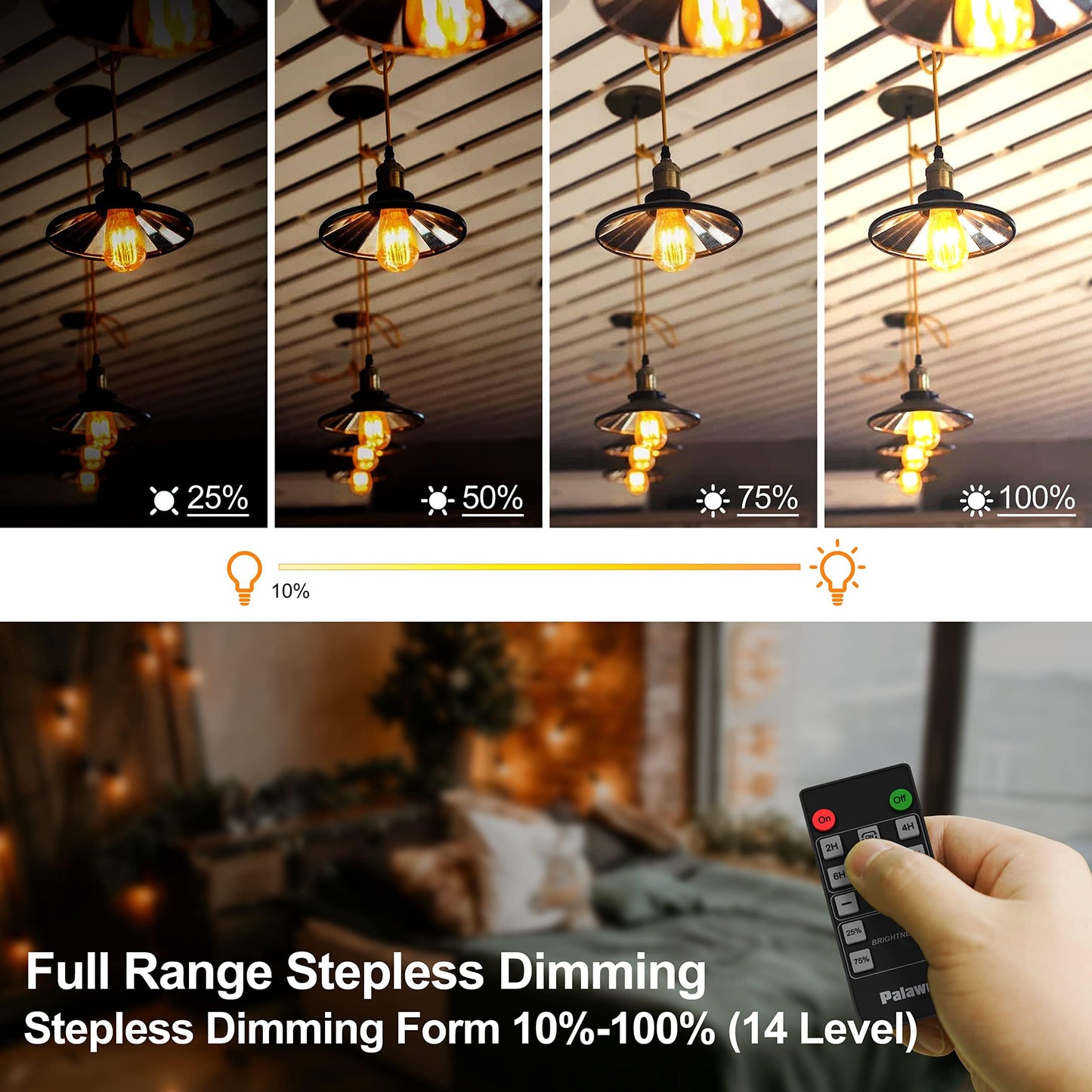 Outdoor Dimmer for String Lights, 560W Plug-in Dimmer Lights Switch with Timer & 24H Cycle, IP65 Waterproof Outdoor Dimmer Plug, 100FT Wireless Remote for LED Lights, Indoor Lamps & Christmas Décor