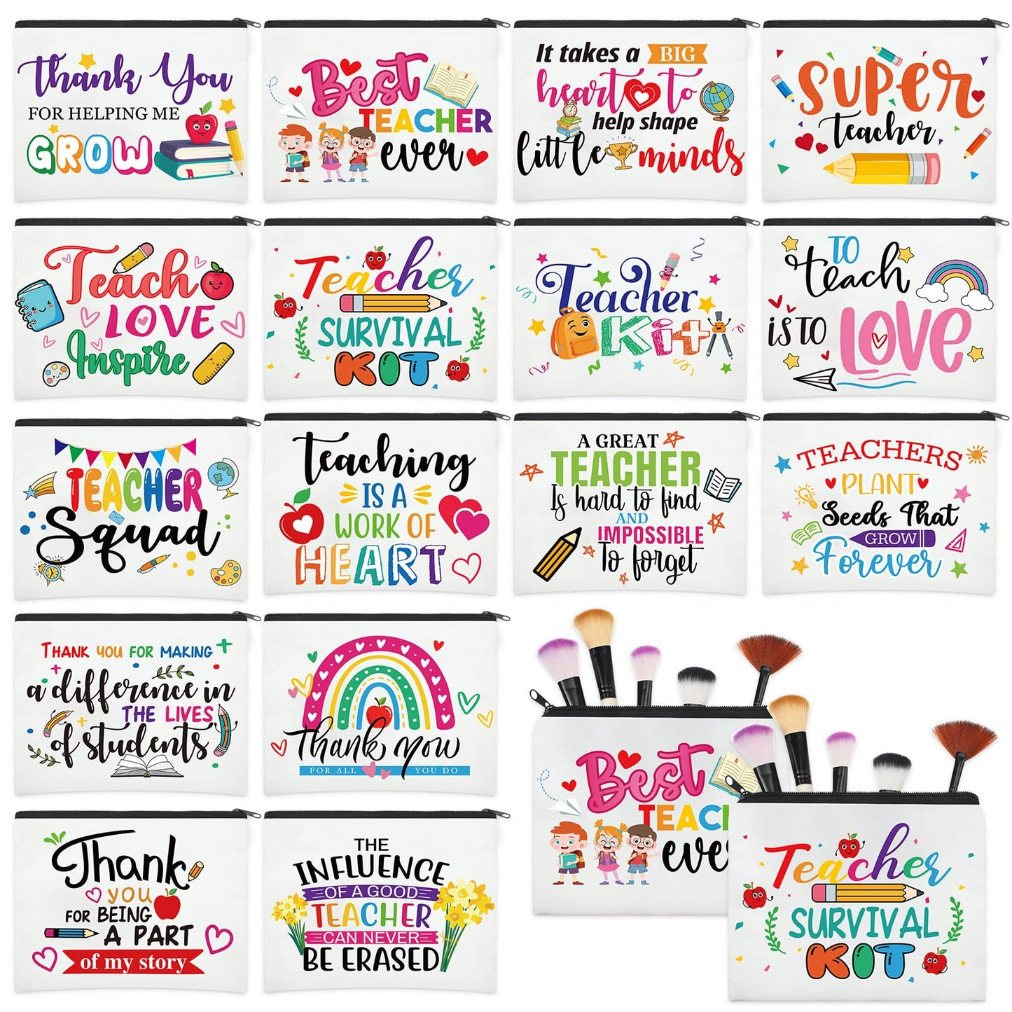 Hillban 32 Pieces Teacher Back to School Gifts Teacher Appreciation Gifts Women Cosmetic Makeup Bag Funny Pencil Pouch for Graduation Birthday Christmas(Cute)