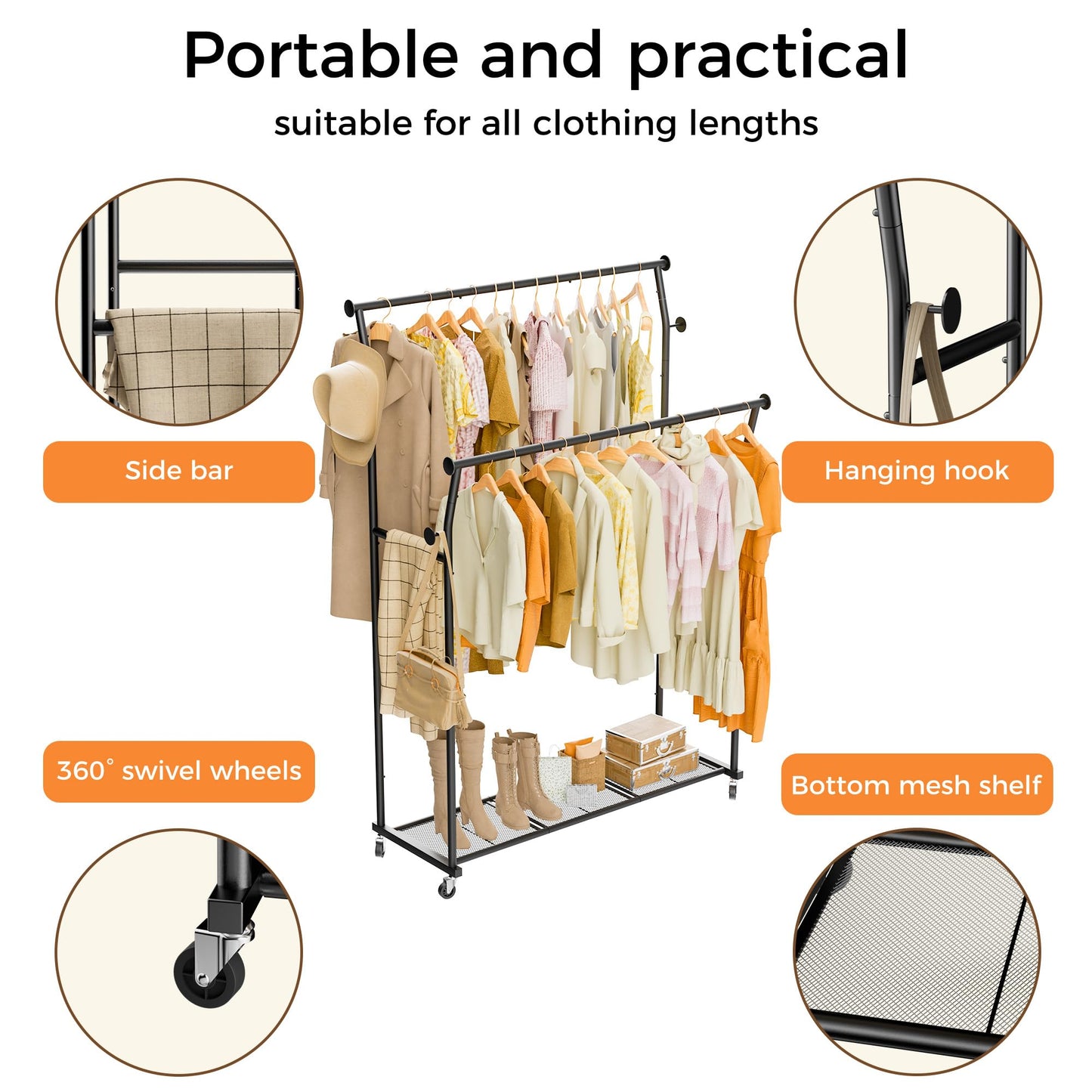 Double Rods Clothes Rack, Rolling Clothing Rack for Hanging Clothes with Hooks&Mesh Shelf, Portable Wardrobe Rack, Metal Coat Rack Sturdy Garment Rack for Bedroom Laundry Living Room Storage, Black