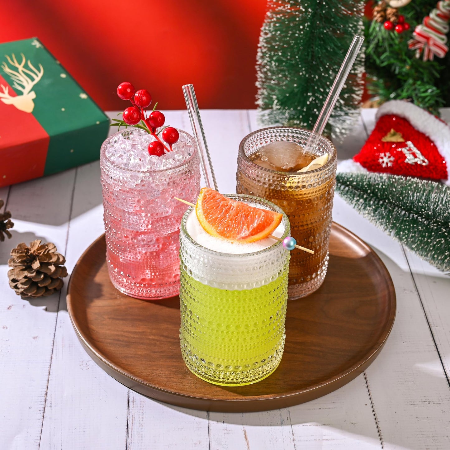 KMIGRUAN Hobnail Drinking Glasses 15oz Vintage Glassware Set of 6 Embossed Beaded Drinking Glasses, Water Cups, Highball Glasses Tumbler for Cocktail,Whiskey,Beer and Juic