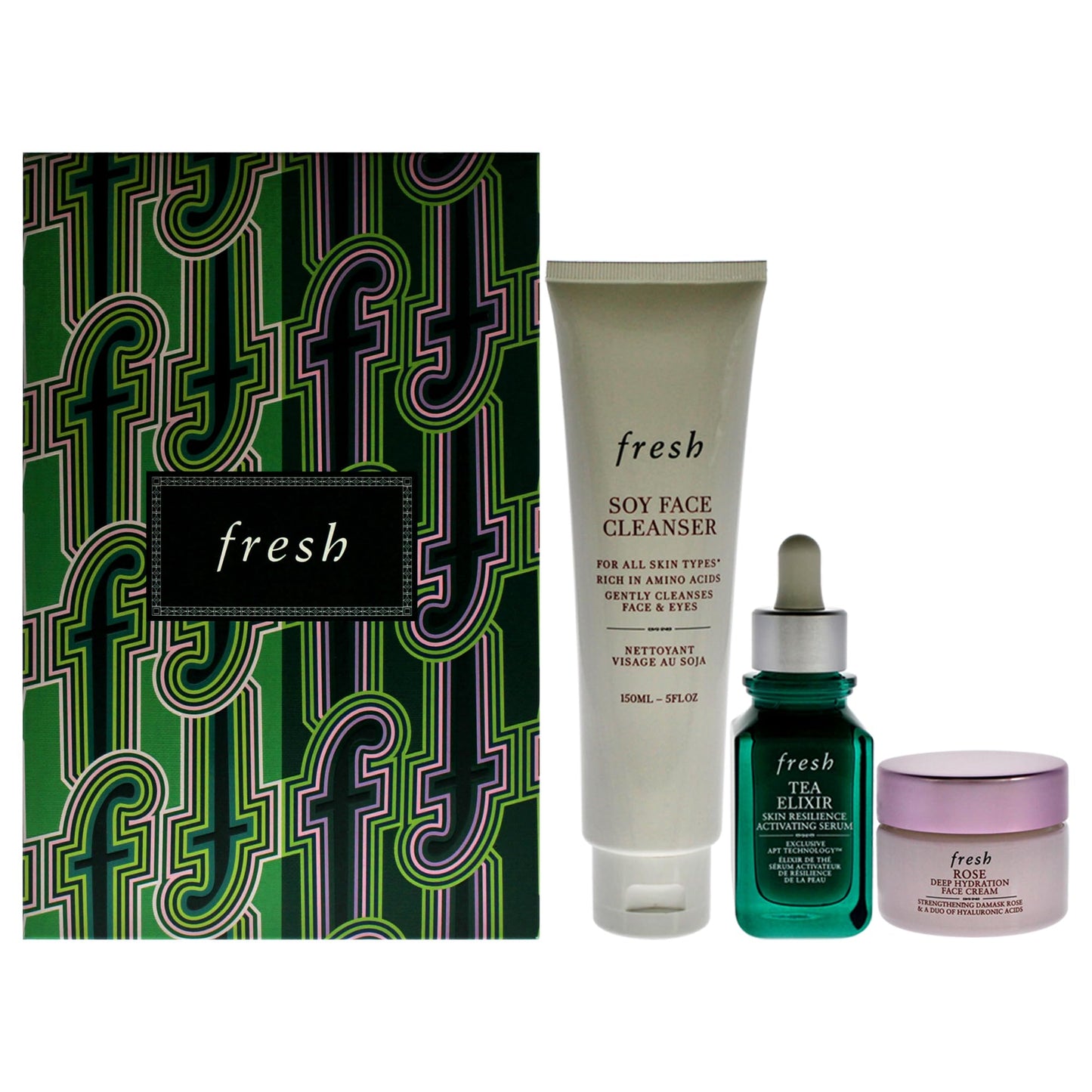 Fresh Resilient Hidrated Skin Trio 5oz Soy Face Cleanser, 1oz Elixir Skin Resilience Activating Serum - Tea, 0.5oz Deep Hidration Face Cream - Rose Women 3 Pc