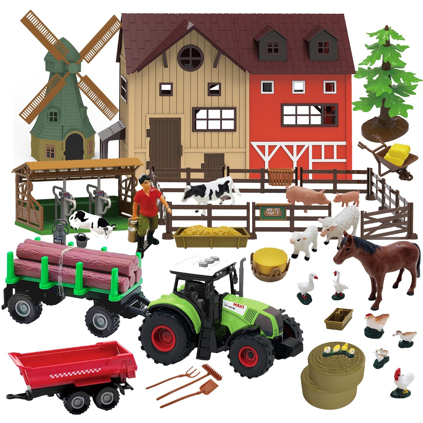 136PCS Farm Animals Toys Set Comes with Barn, Tractor Trailer, Milking shed, Windmill, Farmer, Fence - Playset for Kids Toddlers Boys Girls 5+ Years Old