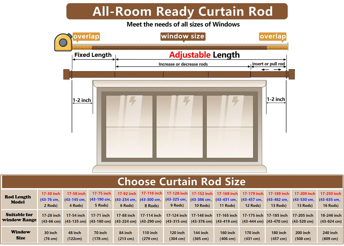 Black Curtain Rod 17 to 128 inch for Window 120 inch, Adjustable Heavy Duty Thick Matte Black Modern 10 ft