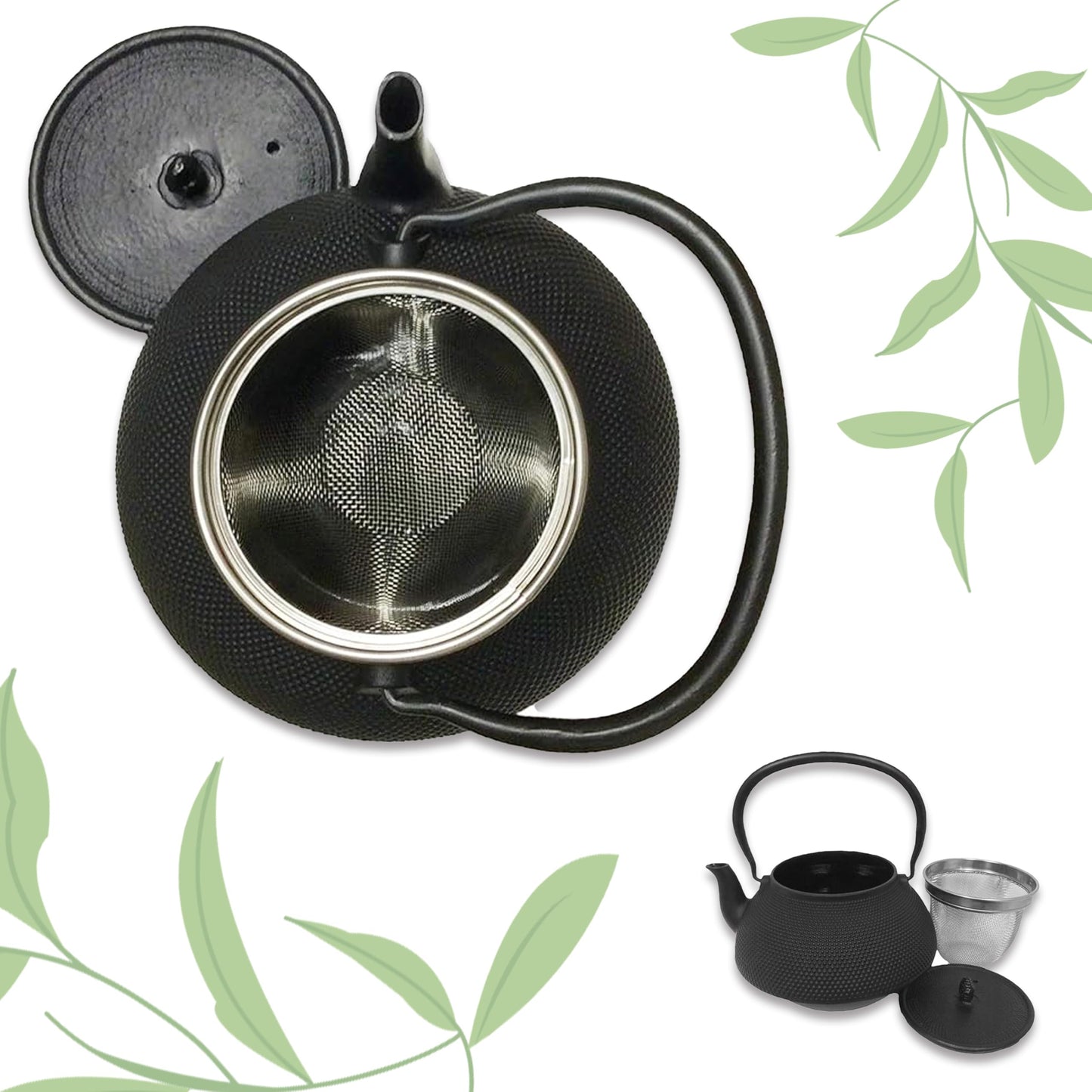 Cuisiland Large 66 OZ Hobnail Cast Iron Teapot Enameled Interior and Stainless Steel Infuser