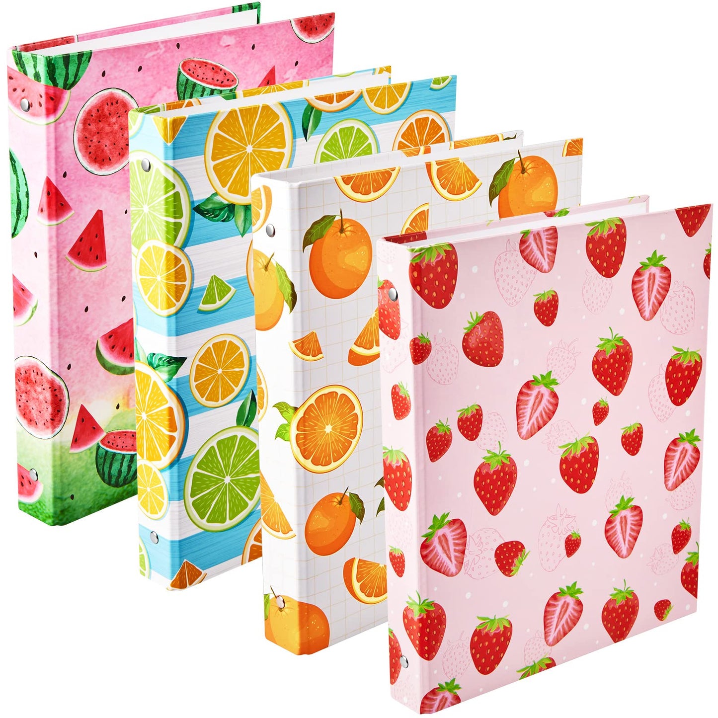 Fainne 4 Pcs Fruit 3 Ring Binder Cute Binder Lemons Strawberry Watermelon Orange Decorative Round Ring with Interior Pockets for School Office A4 Paper, 9.84 x 1.57 x 12 Inch