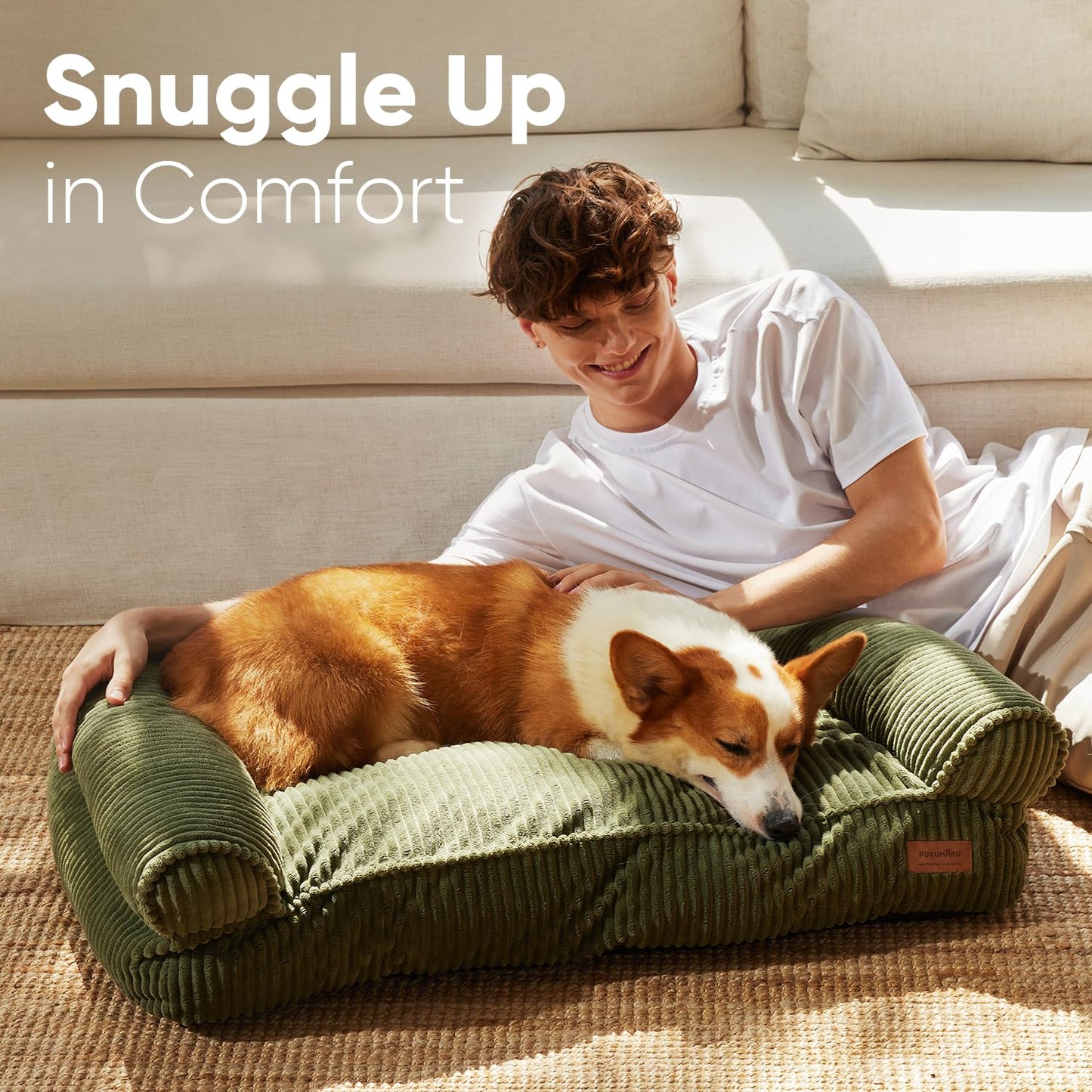 FUKUMARU Cute Dog Bed, Fluffy Dog Bed with TPU Layer Keeping Lining Dry, Dog Couch Medium Size Dog Easy to Care, Warm Cat Bed with Removable Zipper Cover, 36inch, Large, Green