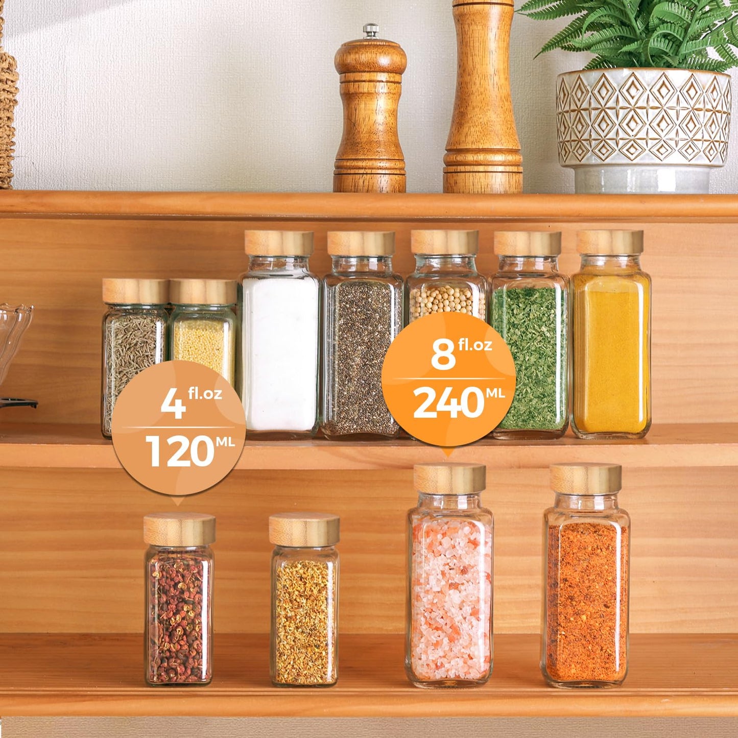 ComSaf 4oz 24Pcs Glass Spice Jars with Bamboo Lids, Empty Spice Containers with 93 Labels, Square Seasoning Containers Trial and Supplement Set, Small Seasoning Bottles for Salt, Herbs, Sugar, Pepper
