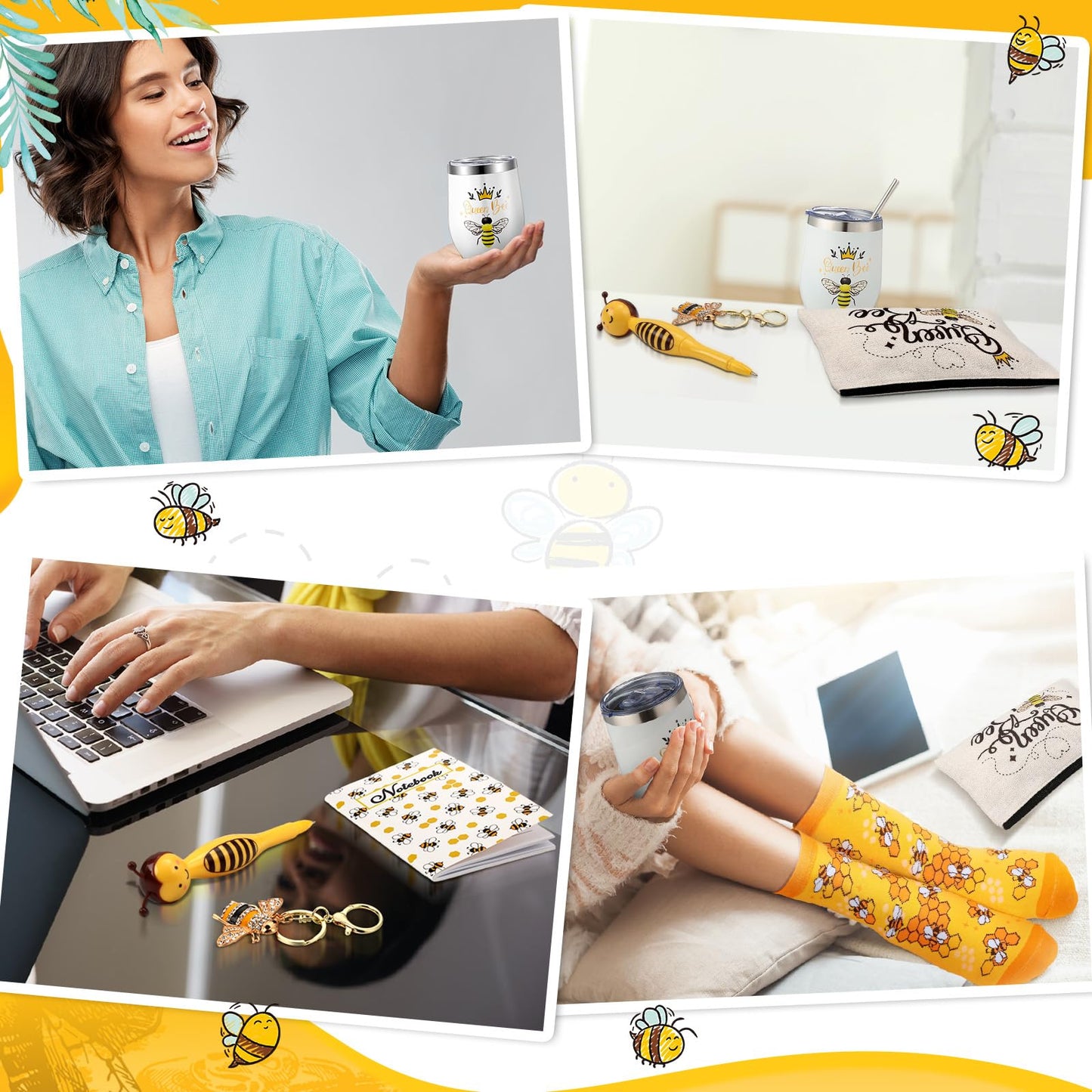 Panitay 6 Pcs Bee Themed Gifts Set for Women, 12 Ounce Stainless Steel Tumbler with Straw and Brush Socks Cosmetic Bag Notebook Pen Keychain for Mom Friends Teacher Bee Lover Gifts
