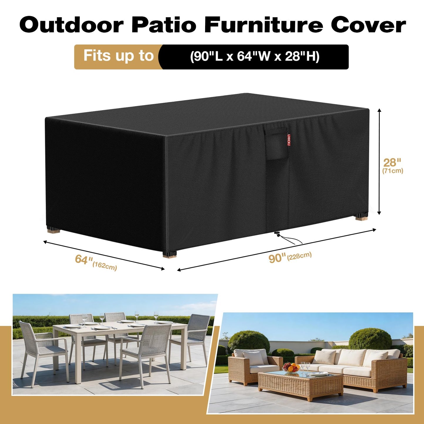 LXKCKJ Waterproof Outdoor Patio Furniture Cover UV and Dustproof Sofa Cover with Vents, Handles and Buckles (Black, 90"L x 64"W x 28"H)