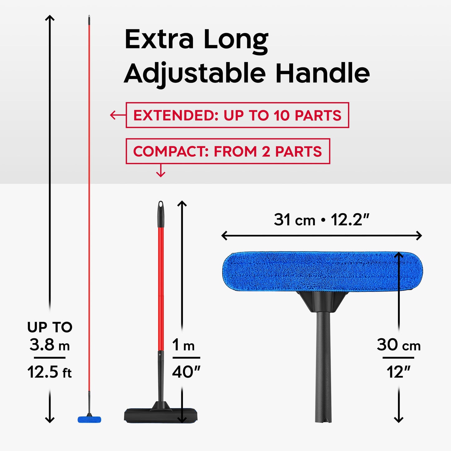 Tyroler 2-in-1 High Window Cleaning Tool | Window Squeegee Extendable with 3.8m 10-Part Handle | Squeegee Window Cleaner Tool Made of 100% Natural Rubber | Perfect Window Cleaning & Washing Kit