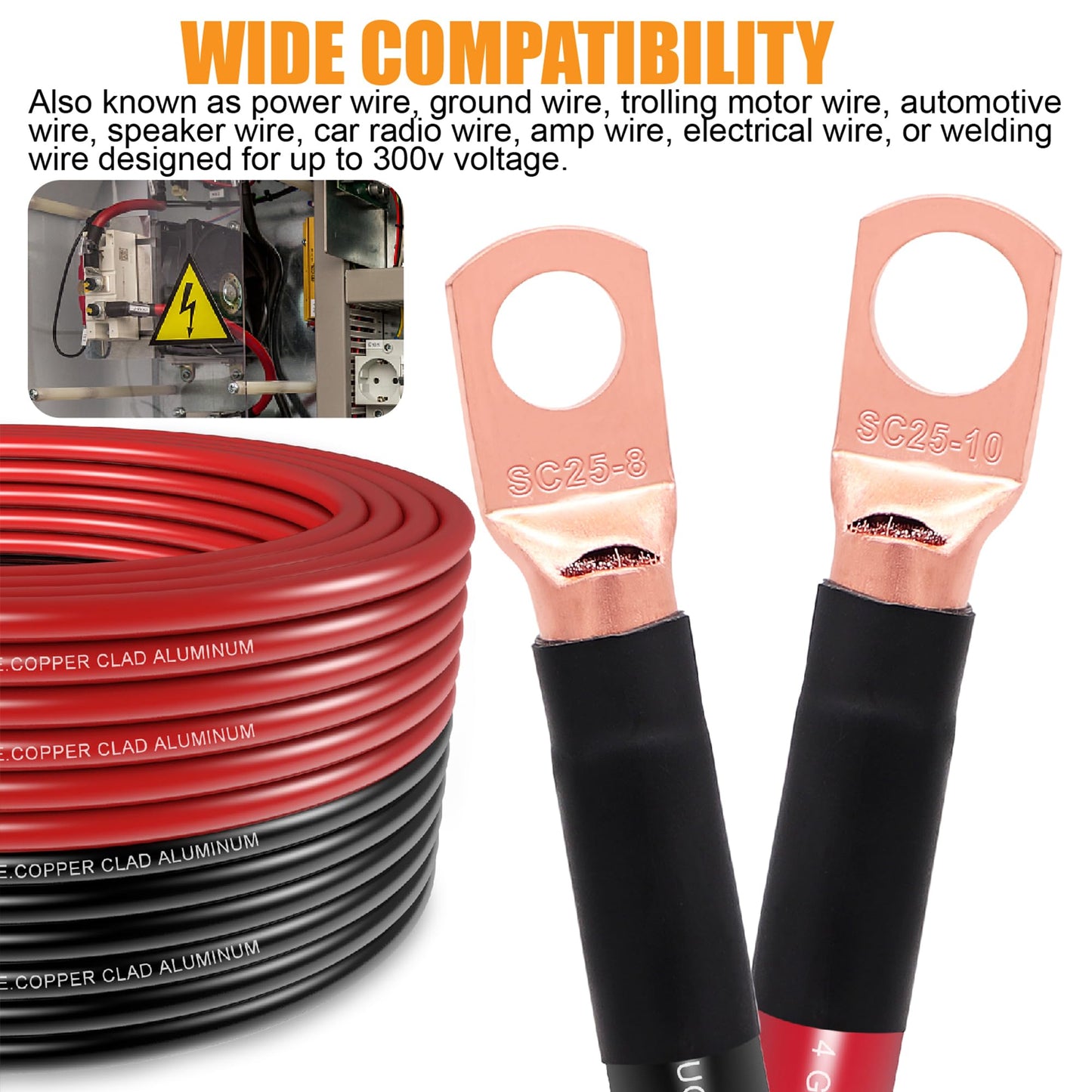 Fuzbaxy 4 Gauge Wire (25 Feet Black+25 Feet Red) Copper Clad Aluminum CCA/Primary Automotive Wire Power Ground,Battery Cable Lugs Terminal Connectors,Heat Shrink Tubing,100A ANL Fuse with Cutter