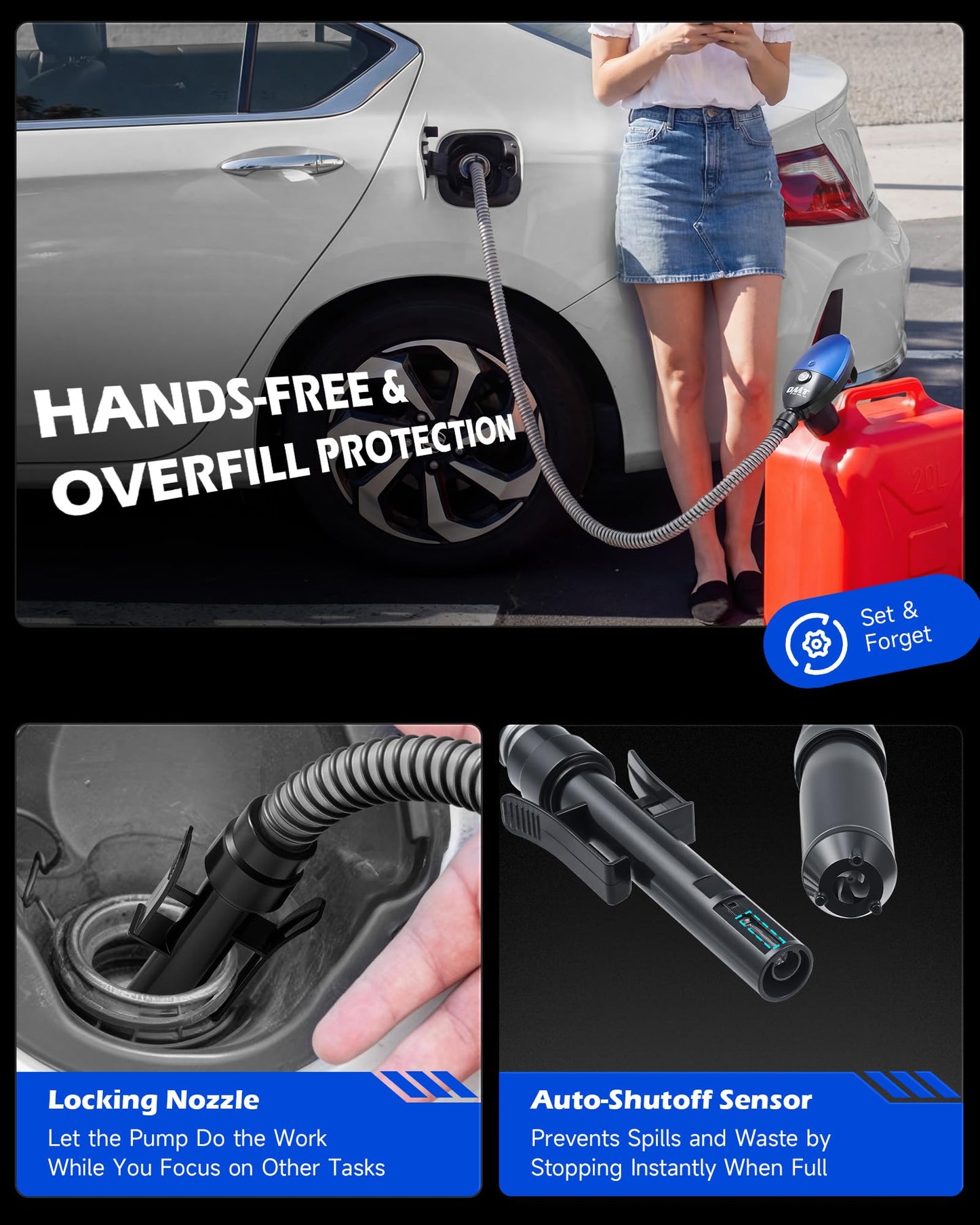 Orion Motor Tech Fuel Transfer Pump, 3.2GPM Electric Gas Can Pump, 1.3 m Hose Auto-Shutoff Nozzle, USB-C & AA Battery (NO BATTERIES INCLUDED) Powered, 4 Adapters for Gasoline, Diesel, Kerosene, Blue