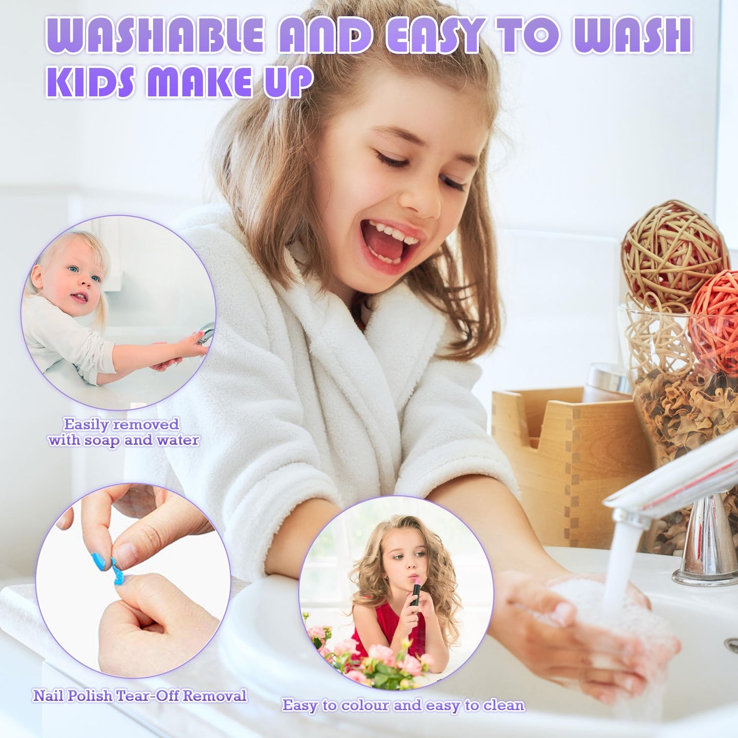 Kids Makeup Kit for Girl - 66 PCS Makeup for Kids with Dresser Vanity Case, Washable and Safe Girls Makeup Sets Ages 3-12, Christmas Birthday Gifts Toys for 4 5 6 7 8 9 Year Old Girl(Purple)