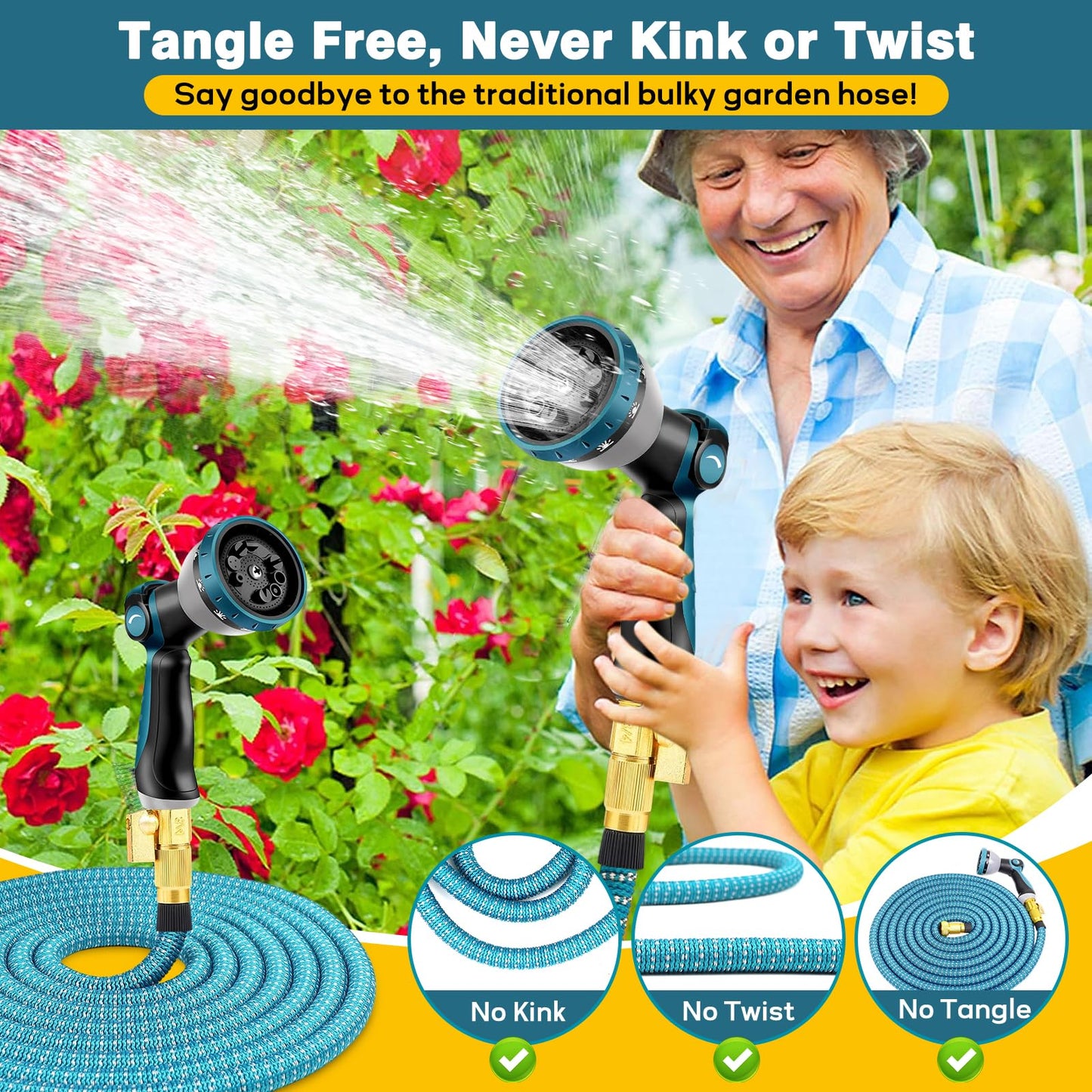 Expandable Garden Hose 100ft with 10 Spray Functions Nozzle,Kink Free Lightweight Retractable Watering Pipe with Hook,Storage Bag,3/4 Solid Solid Fittings,3-Layers Latex,Blue