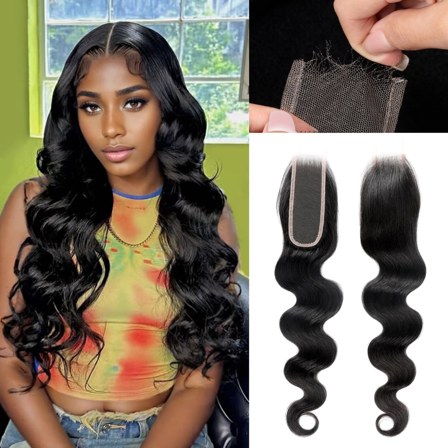 2X6 REAL HD Lace Closure Body Wave Human Hair 0.095mm Ultra-thin Invisible SKINLIKE HD Front Lace Closure Human Hair Pre Plucked Hairline Closure 18inch (Natural Black)