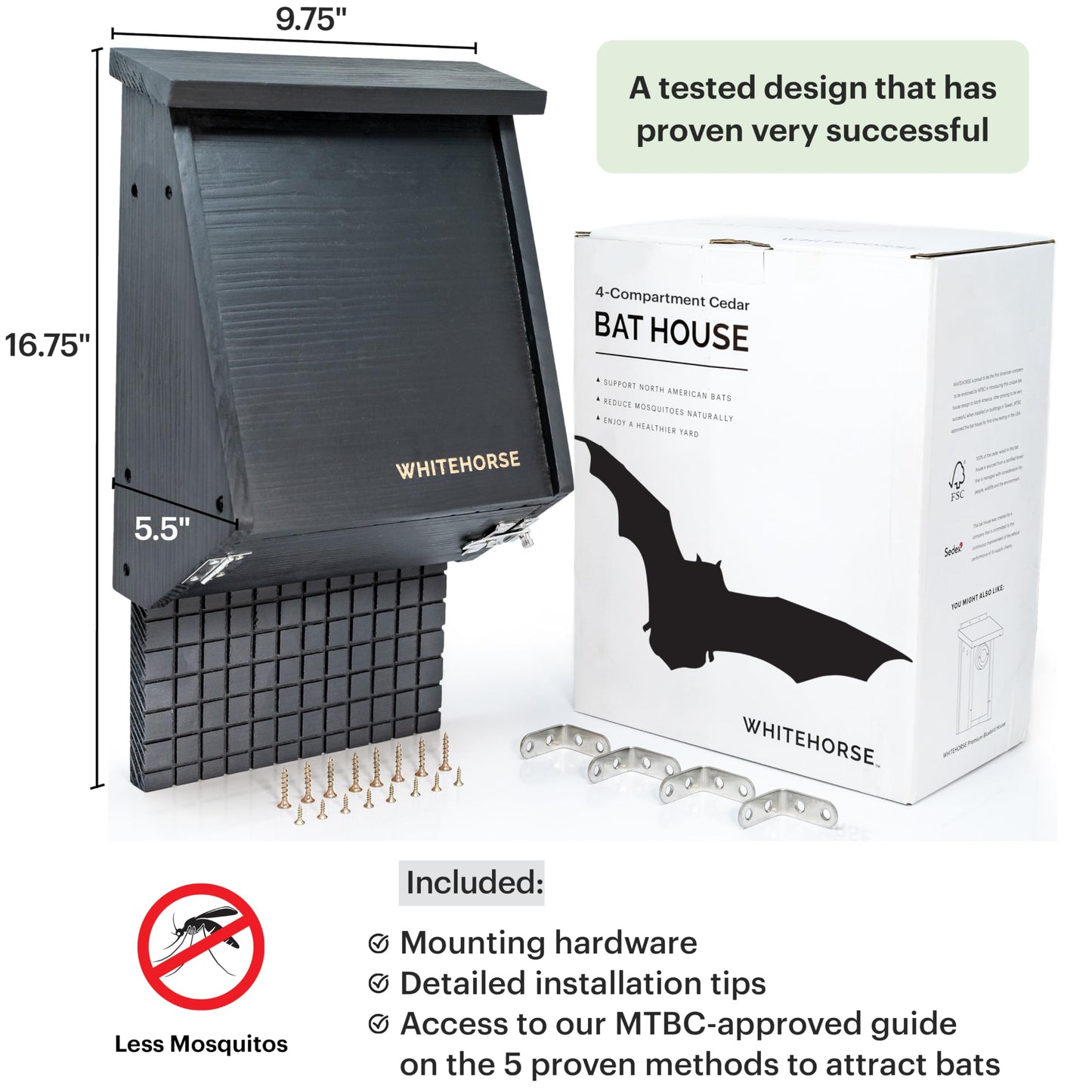 WHITEHORSE 4-Chamber Bat House - A Premium Cedar Bat Box that is Built to Last - Enjoy a Healthier Yard with Fewer Mosquitos While Supporting Bats (Black)