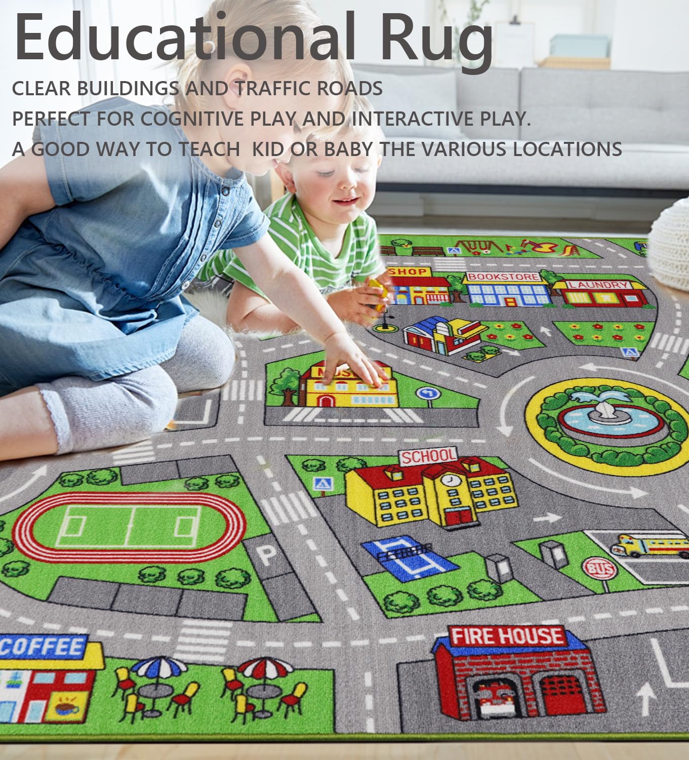 VSIWB Kids Rug 6'6" x 5'0" City Life Playmat Area Rug Car City Map Washable Traffic Road Educational Learning Nursery Rug Carpet for Children Playroom Living Room Bedroom Classroom Decor Green