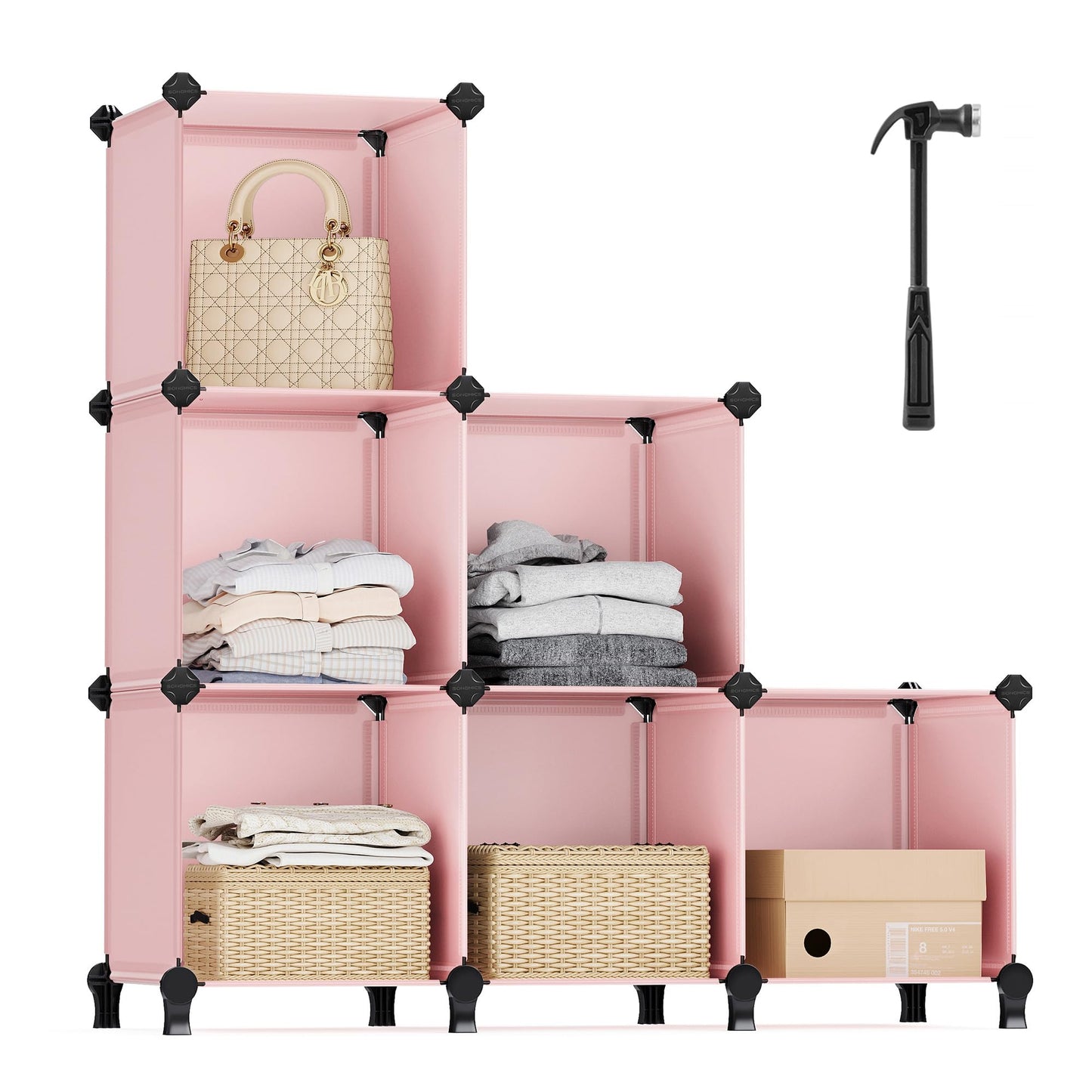 SONGMICS 6 Cube Storage Organizer, DIY Closet Shelf, Plastic Clothes Organizer, Modular Bookcase, 11.8 x 11.8 x 11.8 Inch Cubes, with Feet and Rubber Mallet, Pink ULPC111P01