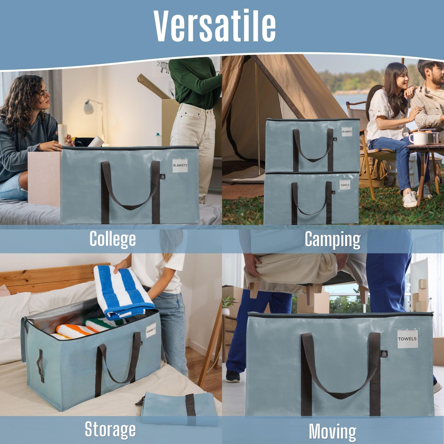 VENO Extra Large Moving Bags with Zippers & Carrying Handles, Heavy-Duty Storage Tote Moving Boxes for Space Saving, Packing Storage Supplies for Dorm Room Essentials (Light Blue-8 Pack)