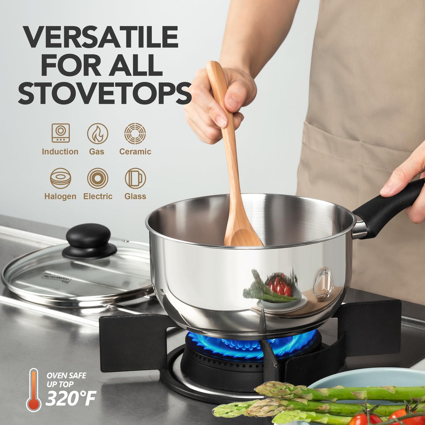 MICHELANGELO Stainless Steel Saucepan with Lid 6pcs, Triple Base Stainless Steel Pot Set, Saucepan Set with Bakelite Handle - 1QT & 2QT & 3QT