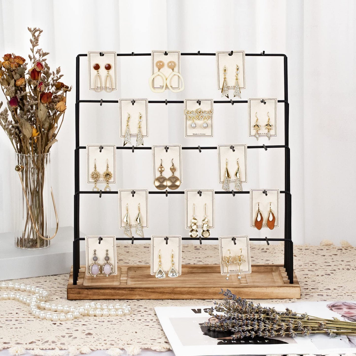 DGWJSU Earring Display Stands for Selling, Earring Rack Display Holder Stand, Jewelry Display for Selling Earring Cards, Bracelets, Hair Accessories, Rings, Necklaces 15"W x 6"D x 15.5"H (30 Hooks)