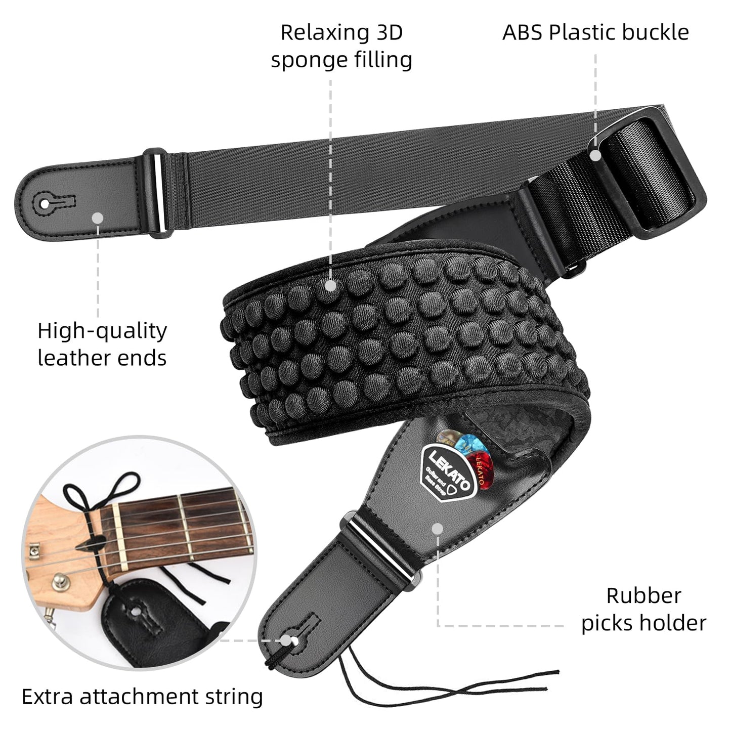 LEKATO Guitar Strap for Electric Guitar Bass, 3.5" Wide Anaglyph Embossed Retro Neoprene Padded Straps with 3D Sponge Filling Adjustable Length from 45" to 55" with Strap Locks and Picks, Black