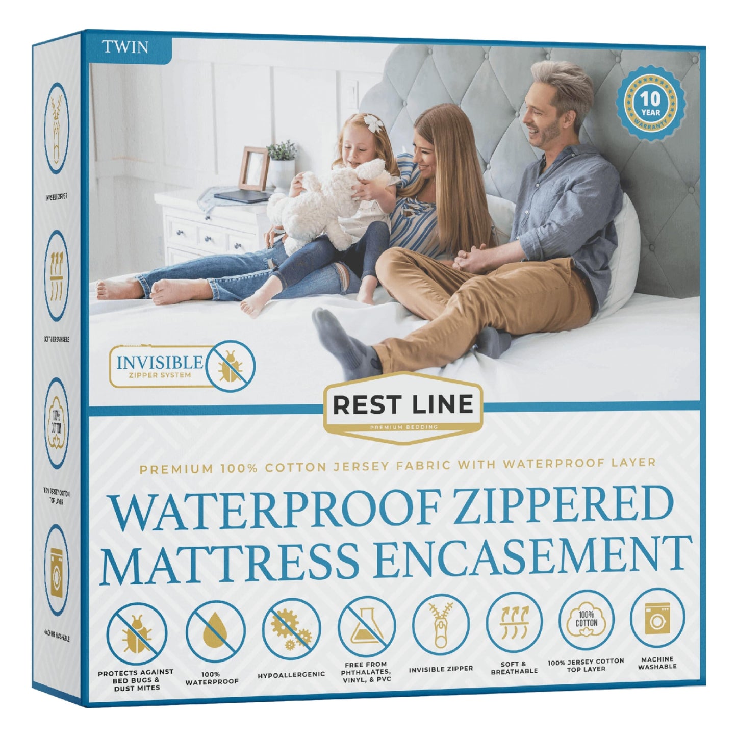 Twin Size 39x75” Premium Waterproof Zippered Mattress Encasement, 100% Cotton, Hypoallergenic, Bed Bug Proof Six Sided Mattress Cover, Invisible Zippered, Soft & Breathable up to 15" Deep - Rest Line