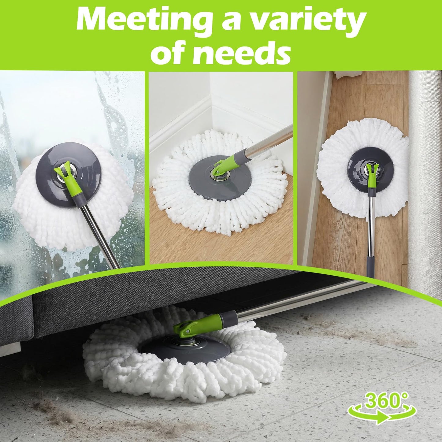 Almcmy Spin Mop and Bucket Set, Mop Bucket with Foot Pedal Wringer System, 3 Reusable Mop Refills, 130cm Long Handle, Easy Wring Magic Mop Floor Cleaning System, Green