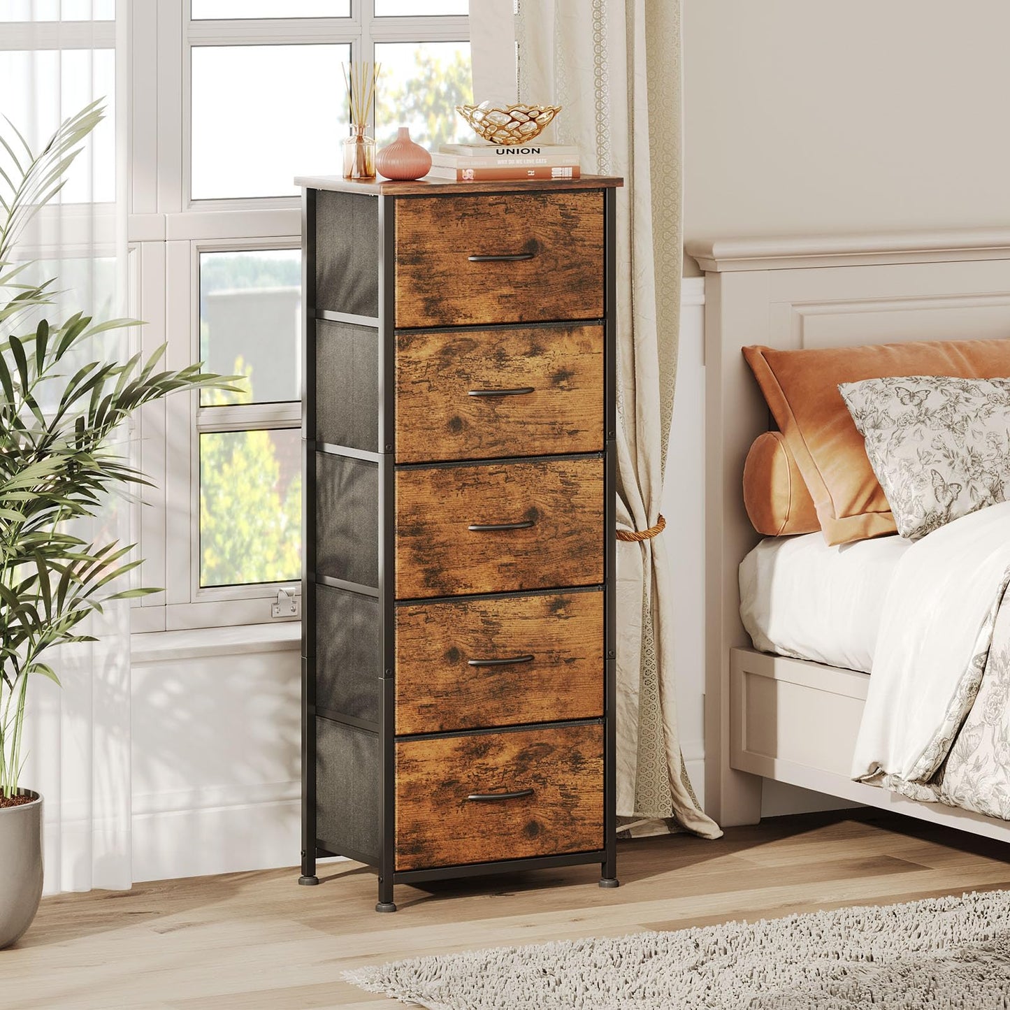 CAIYUN 5 Drawer Tall Dresser, Dresser for Bedroom Entryway Hallway, Closet Storage Drawer, Commode De Chambre, Armoire De Rangement, Rustic Brown