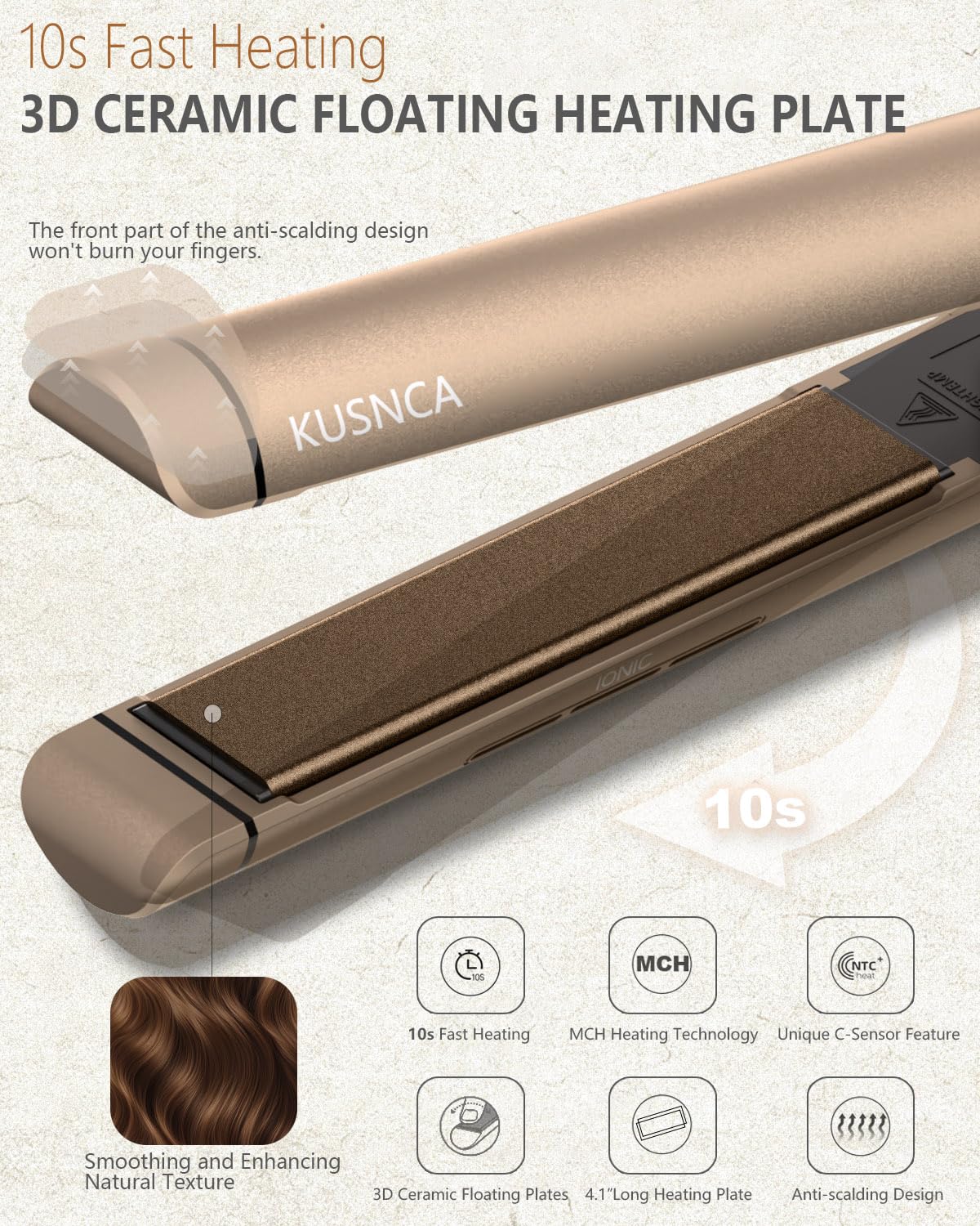 KUSNCA Hair Straightener, Professional Flat Iron Hair Straightener and Curler 2 in 1, Ceramic Negative Air Straighteners, Dual Voltage Travel Straightener, Front Anti-Scald Function, LCD 230°F-450°F, 1 Inch (Gold)