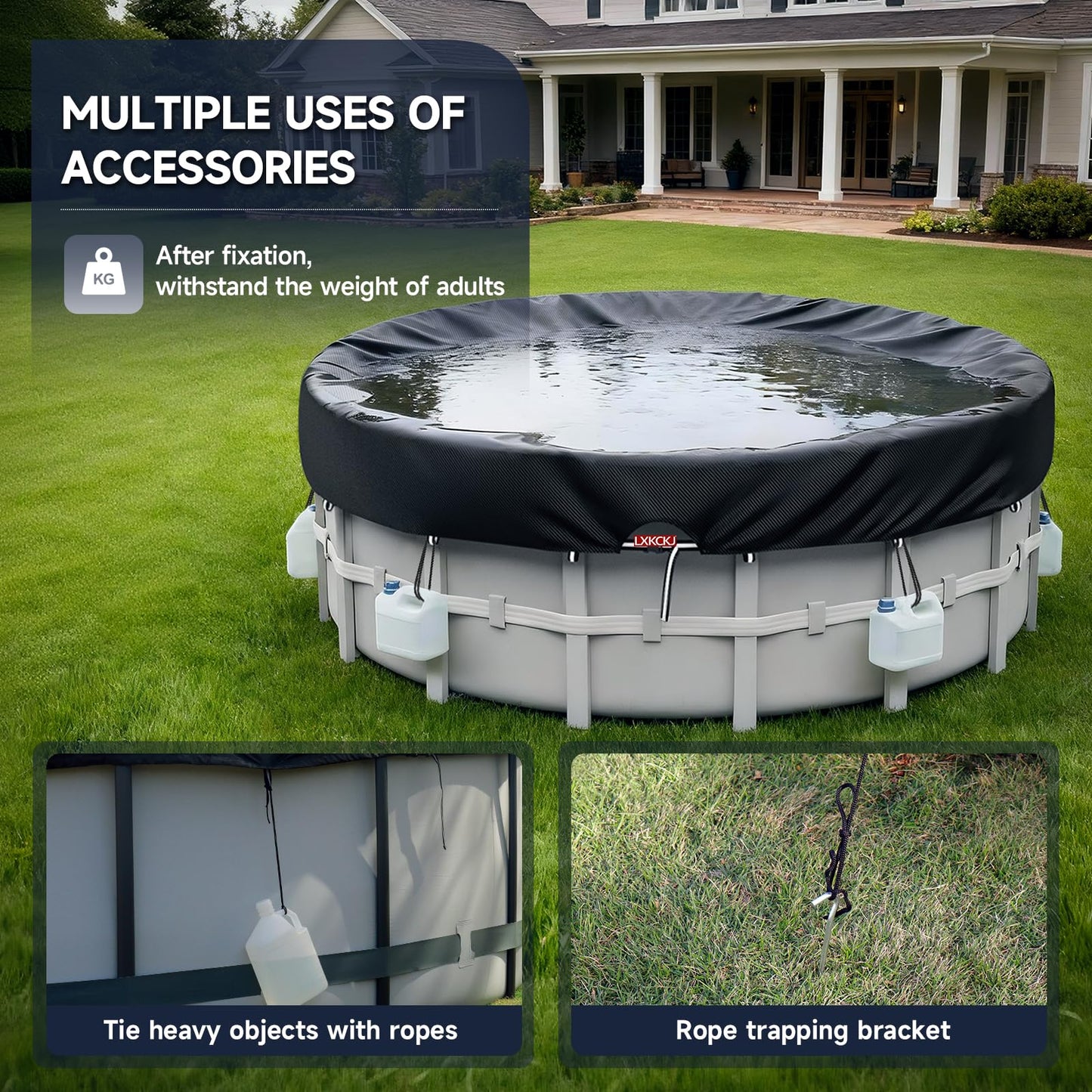 LXKCKJ 15 Ft Round Pool Covers for Above Ground Pools,Upgrade Solar Pool Cover Protector with Pool Accessories Increase Stability, Hot Tub Stock Tank Cover Ideal for Waterproof and Dustproof (Black)