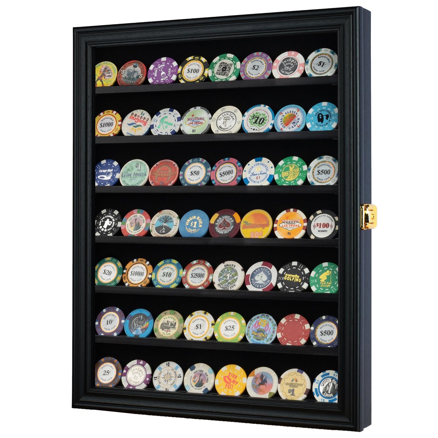 Challenge Coin/Casino Chip Display Case Cabinet Holder Shadow Box, Glass Door, Black (COIN56-BL)