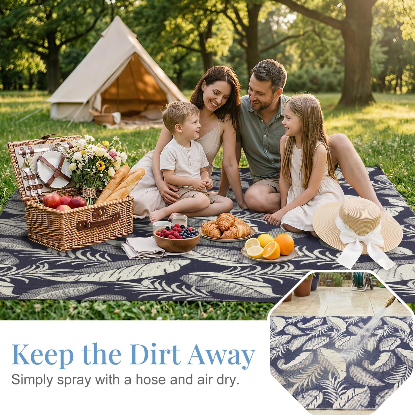 OPPODREAM Reversible Outdoor Rug 5x7, Waterproof Outdoor Plastic Straw Rug for Patio, Tropical Leaf Spring Camping Rugs for Outside, Deck, Backyard, Camping, Balcony, Porch, Rv, Navy and Beige