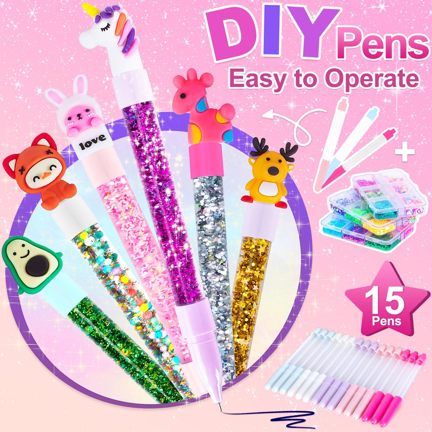 Subao DIY Pens Marker for Kids, Glitter Gel Pens Kits 15 Pack, Create Your Own Cute Pen, Creative Personalized Pen Set, Art and Craft Kits for Girls Boys Birthday Christmas Gifts