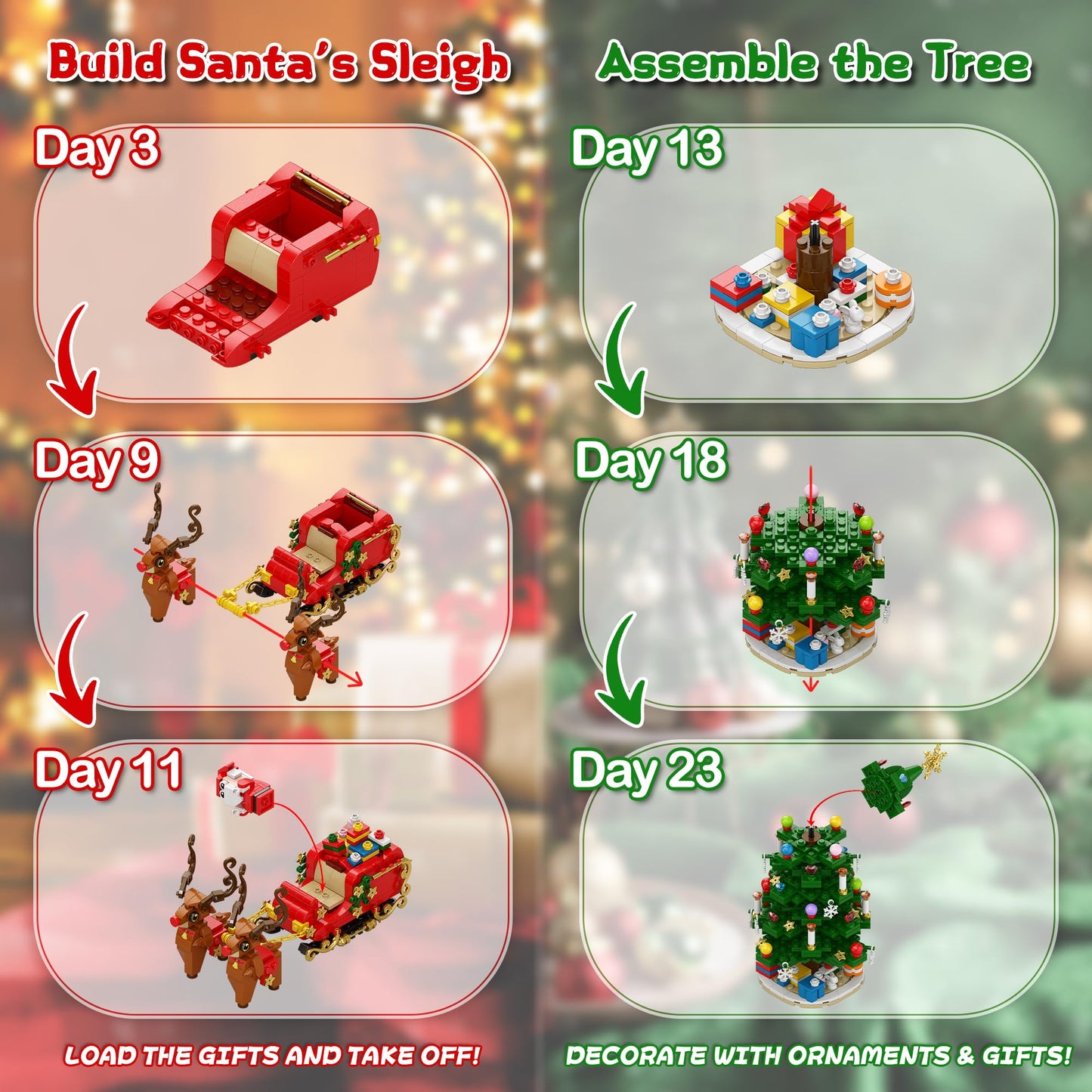 Christmas Tree Advent Calendar 2025, 24 Day Countdown Building Blocks Set with Santa Sleigh Reindeer, Xmas Holiday Decorations Gift for Kids Teen Girls Boys