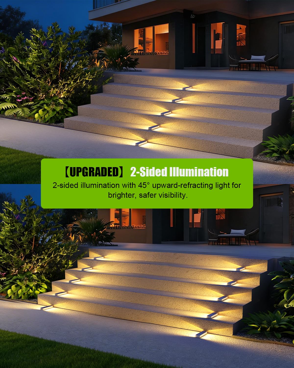 DetarZinLED Solar Step Lights Outdoor 4 Pack, 12 LEDs 2-Sided Illumination Solar Stair Lights Outdoor IP68 Waterproof,Auto On/Off Deck Lights Solar Powered for Patio,Yard,Path,Walkway (Warm White)