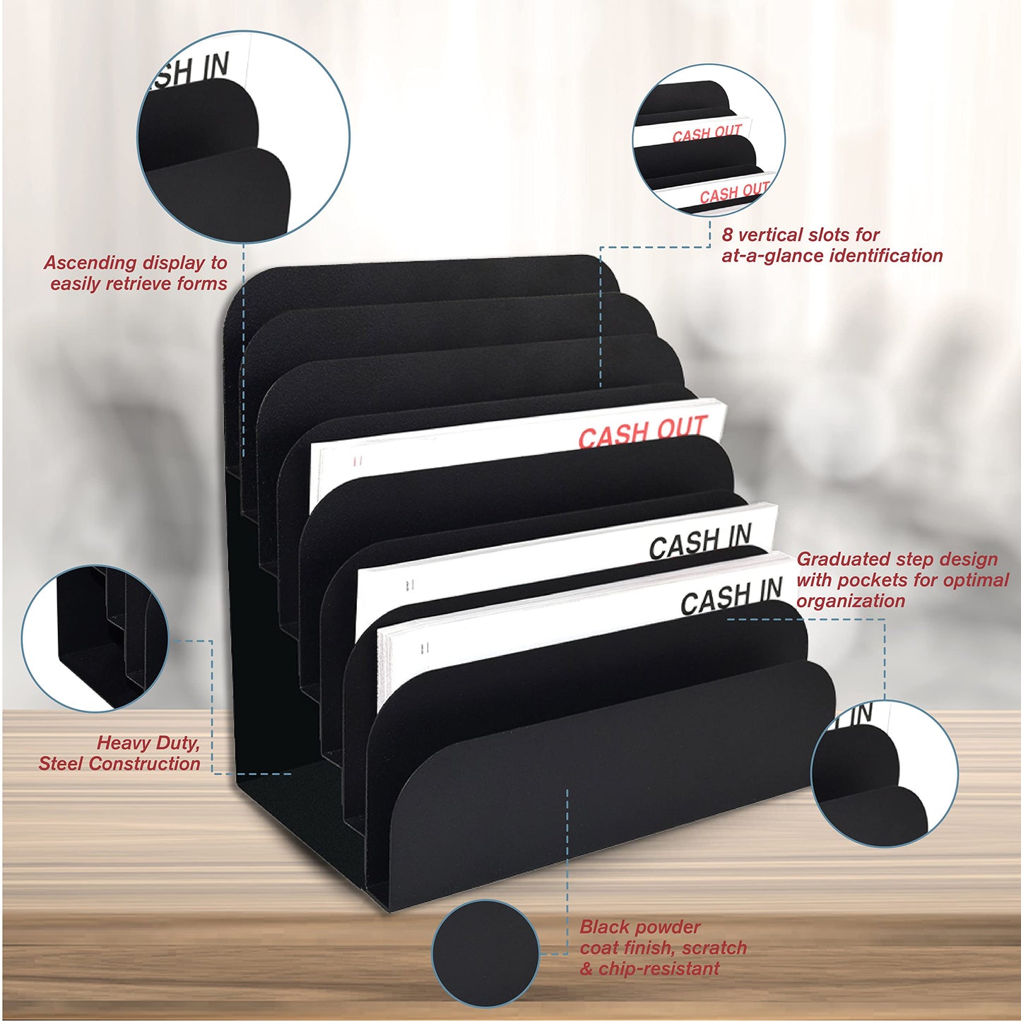 STEELMASTER by BankSupplies Steel Cashier Pad Rack – 8 Slot File & Desk Organizer, Paper Organizer, Black Powder Coat Finish, Scratch & Chip-Resistant - Forms, Applications, Deposit Slips & Checks