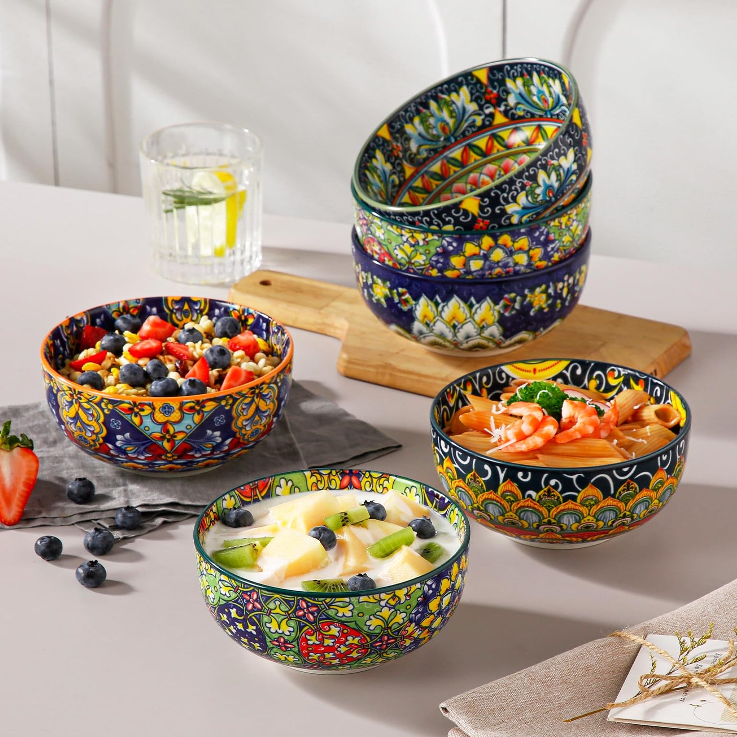 vancasso Cereal Bowls Set of 6, Bohemian Ceramic Soup Bowls, 28 oz Colorful Bowls Set, Dishwasher & Microwave Safe for Salad, Pasta, Rice, Oatmeal, Fruit
