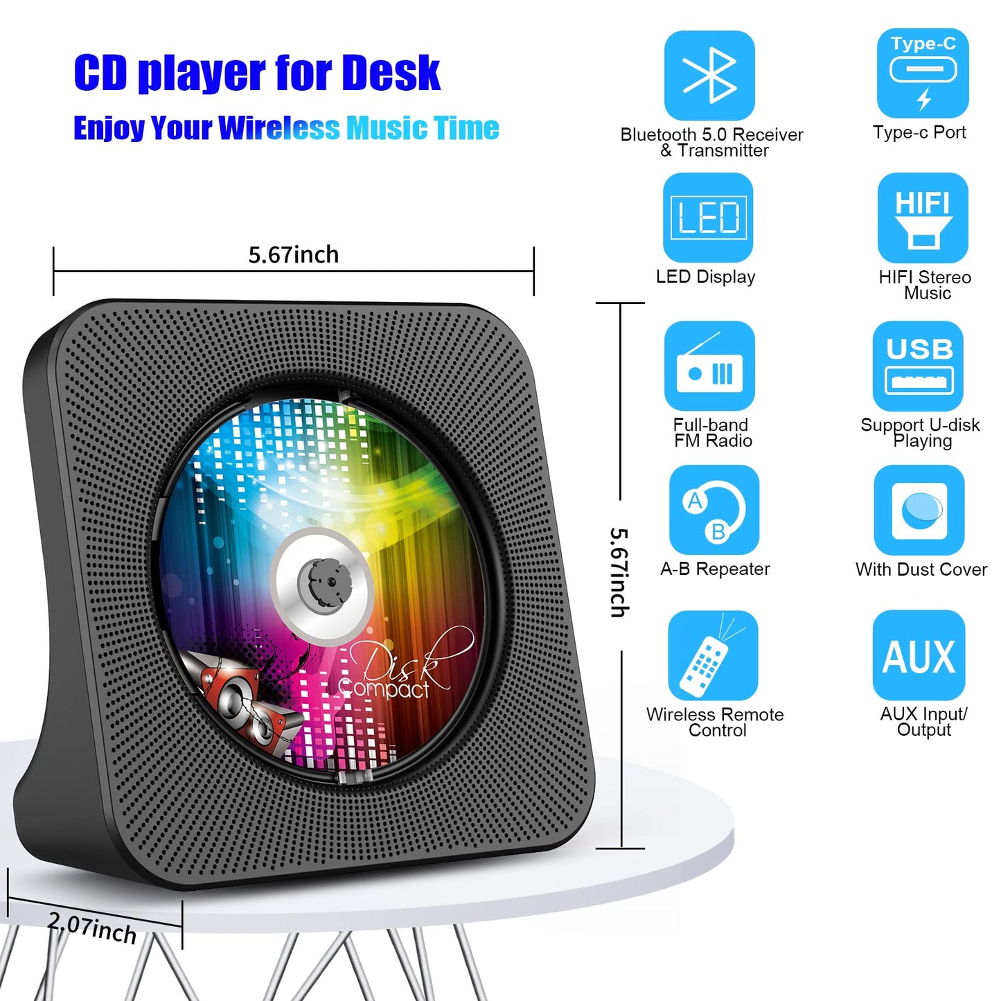 Gueray Portable CD Player, Bluetooth CD Kpop Player for Desktop with HiFi Sound Speaker, Cute FM Radio CD Music Player for Home with Remote Control Dust Cover LED Screen Support AUX/USB Headphone Jack