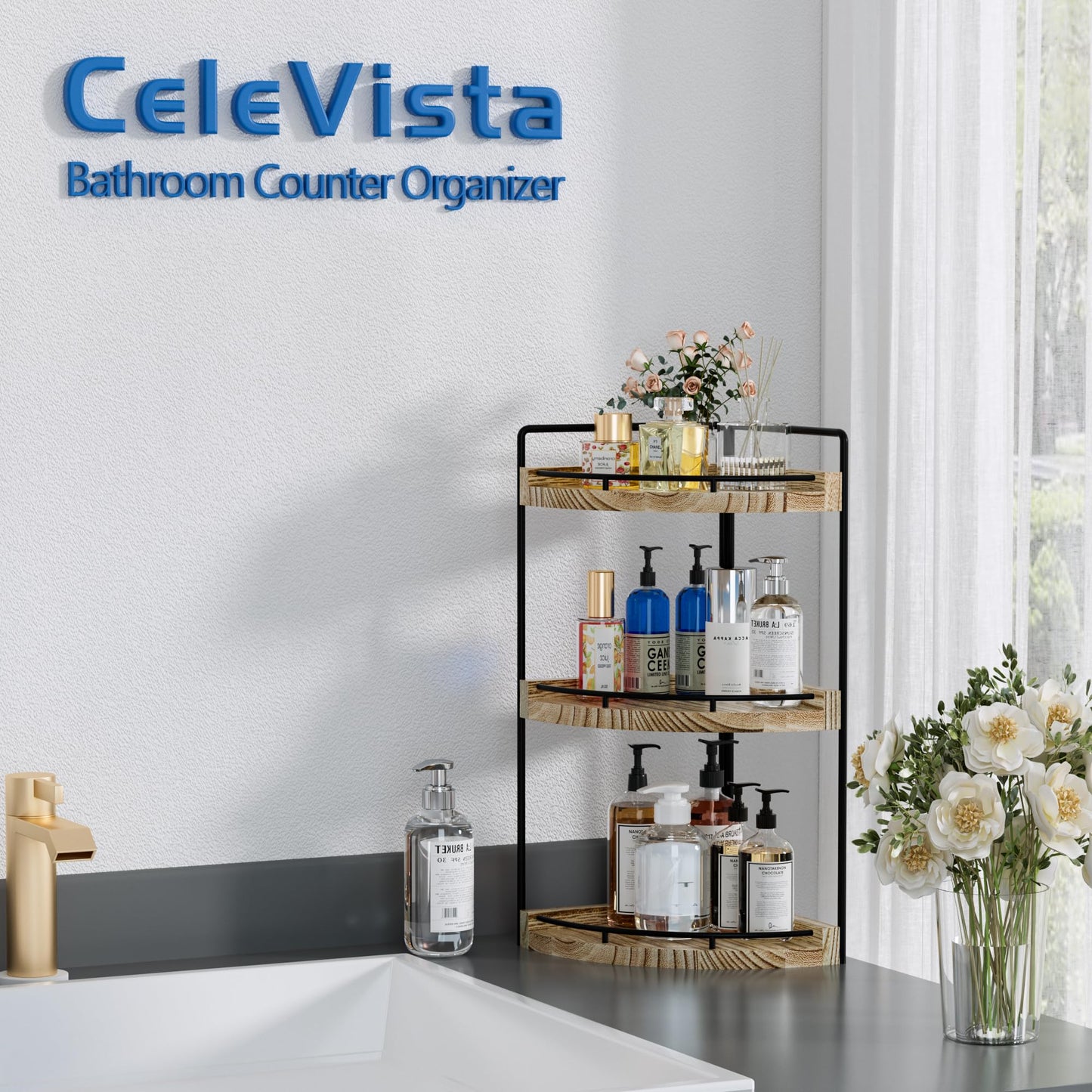 CeleVista Corner Bathroom Counter Organizer, 3 Tier Wood Vanity Storage, Waterproof Skincare Shelf for Kitchen & Toiletries Decor, Dresser(Rustic Brown)