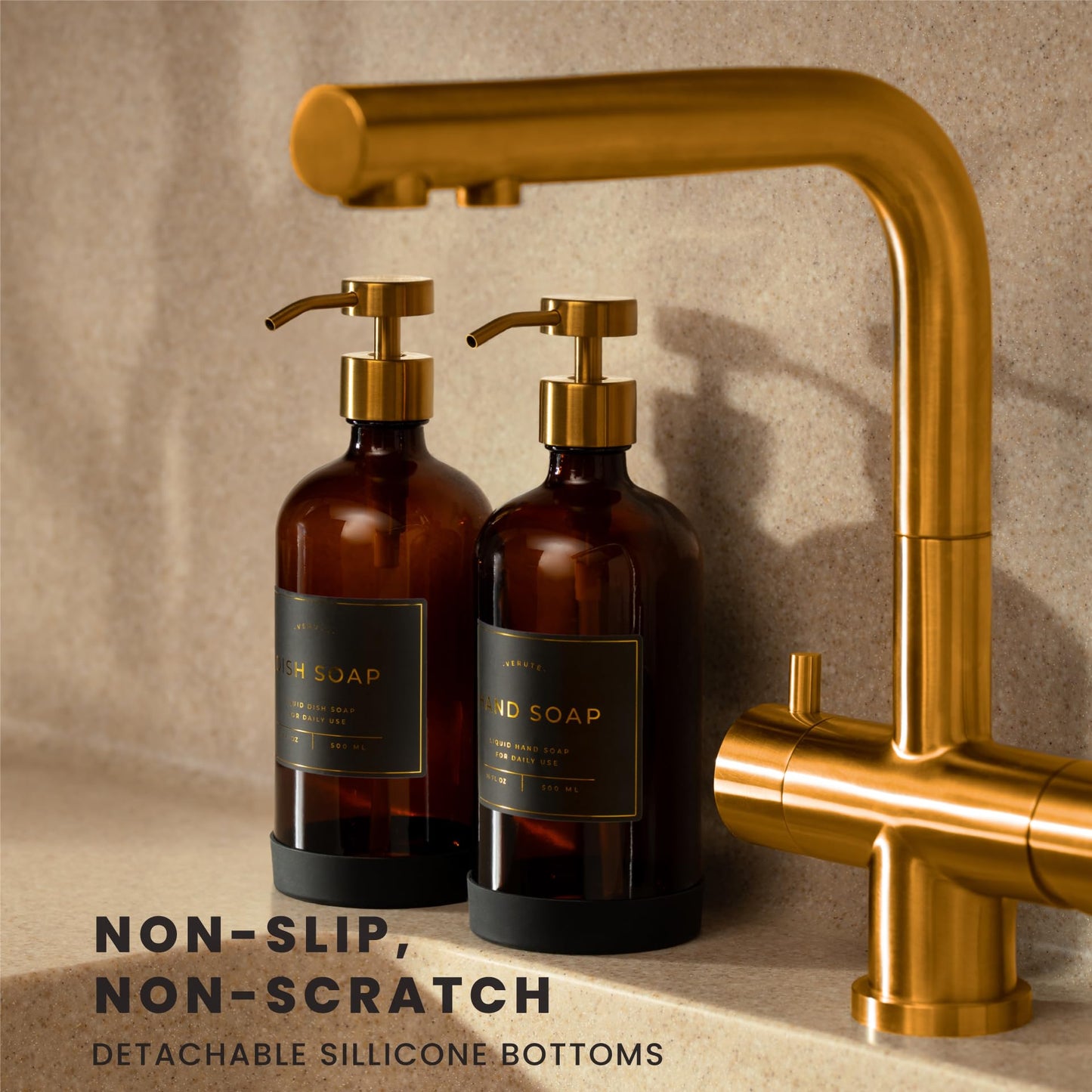 Verute 500ml Glass Soap Dispenser with Stainless Steel Pump, 21 Waterproof Labels, Non-Slip Protective Silicone Pad, Set of 2 for Bathroom & Kitchen (Amber Bottle/Brushed Gold Pump)