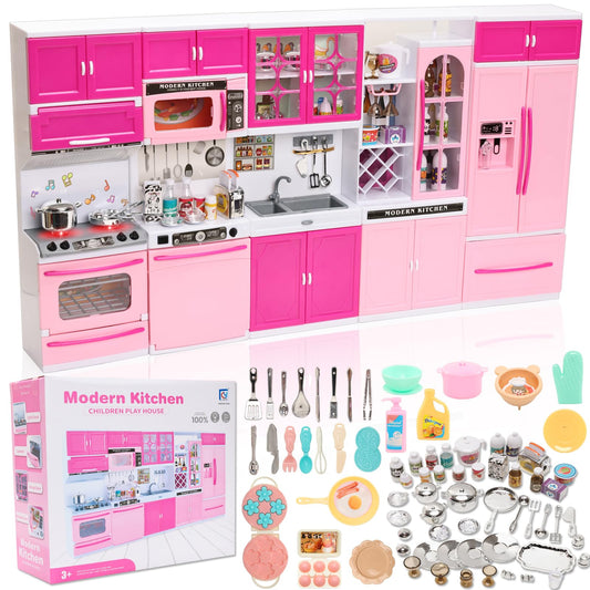 91 Pcs Doll Kitchen Playset for Kids, My Modern Mini 5-in-1 Kitchens House Furniture for 11.5 Inch Girl Dolls Pretend Play Kitchen Toy Accessories for Kids Doll Dreamhouse Set for Dolls
