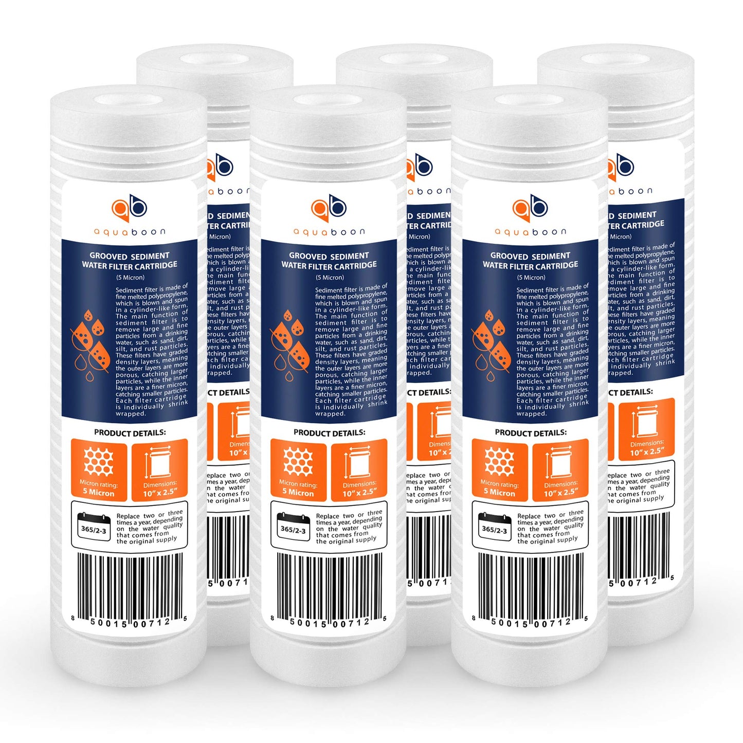 Aquaboon Whole House 5 Micron 10 x 2.5 PP Grooved Sediment Water Filter Cartridge Replacement Compatible with AP110, WHKF-GD05, CFS110, P5, 6-Pack