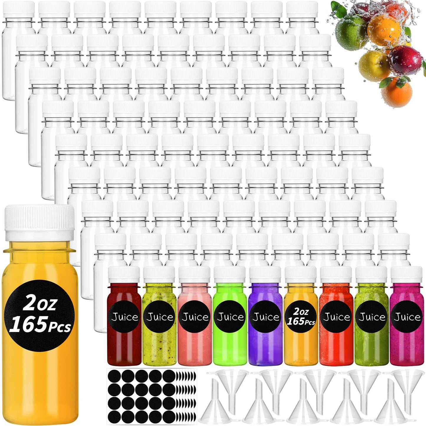 UZLU 165 Pcs 2 oz Small Plastic Juice Bottles with White Caps Mini Clear Ginger Shot Containers with Tamper Proof Lids Reusable Travel Bottles with Funnels Labels for Juice Milk Water Other Beverages