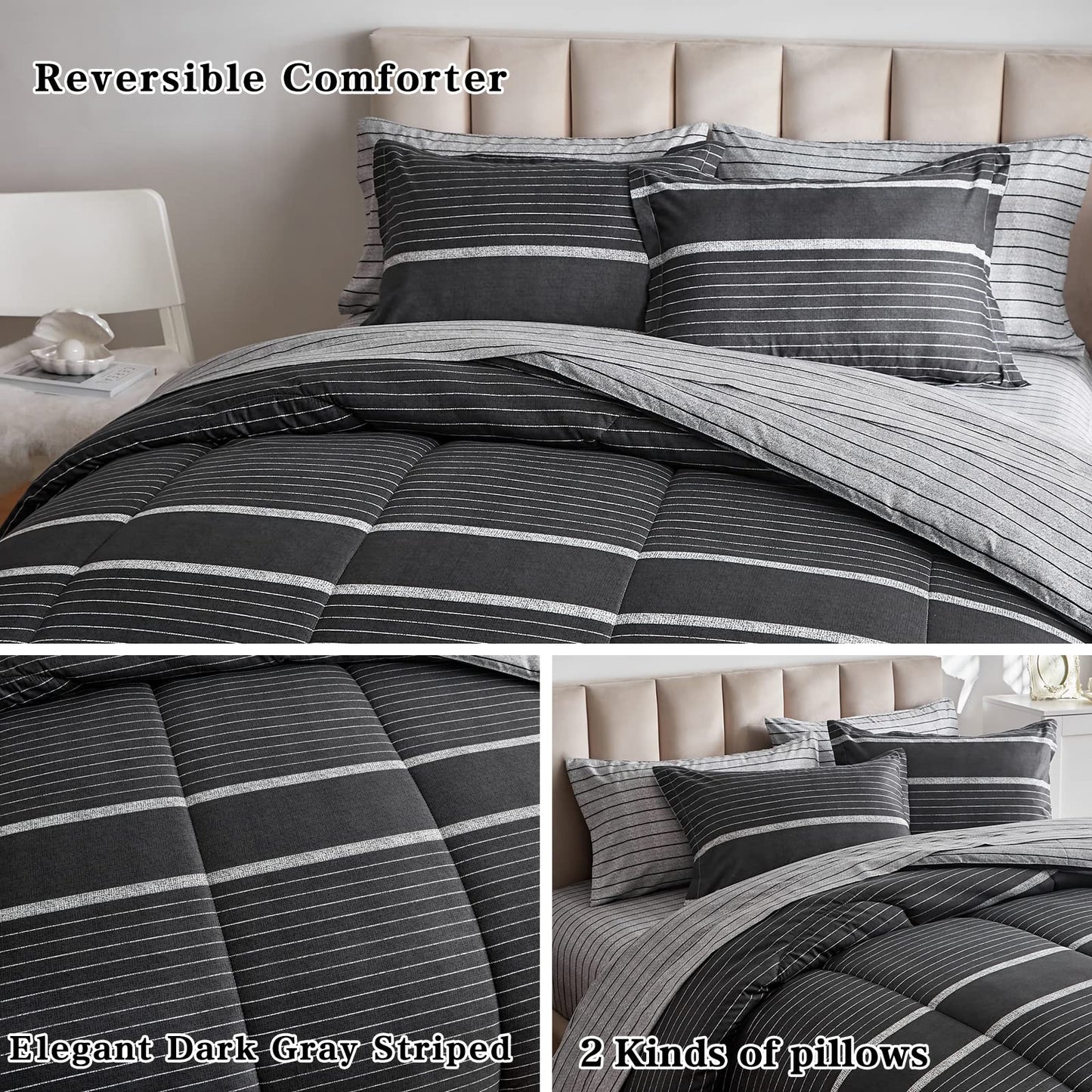 FlySheep Boho Bed in a Bag 7 Pieces Queen Size, White Striped on Black Dark Gray Reversible Comforter Set (1 Comforter, 1 Flat Sheet, 1 Fitted Sheet, 2 Pillow Shams, 2 Pillowcases)