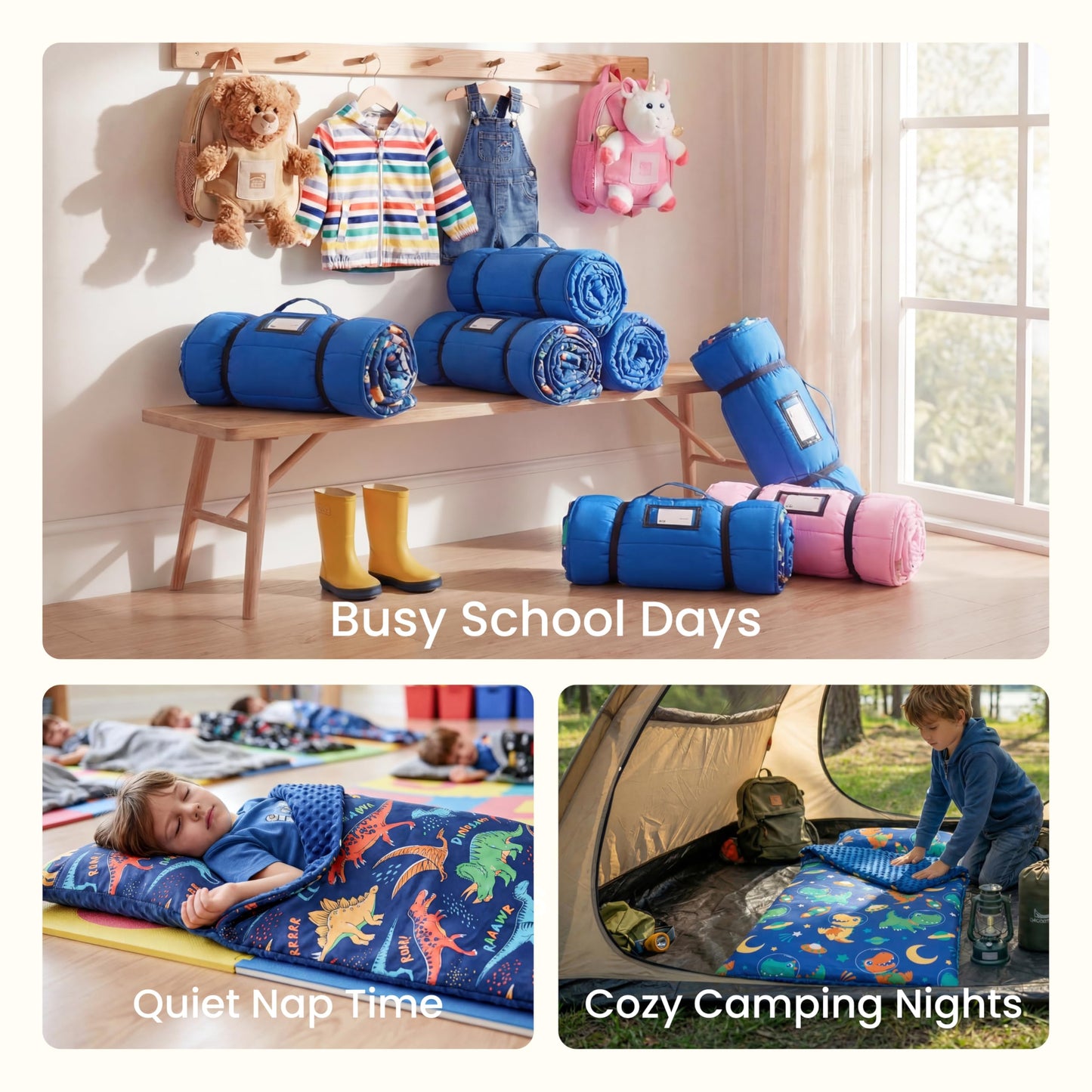 JOIEDOMI Toddler Sleeping Bag for Kids 55''x30'' Nap Mat with Removable Pillow and Minky Blanket for Toddler Ages 3-7 Roll Up Kids Sleeping Bag for Boys Girls Kindergarten Daycare Sleepover Dinosaur