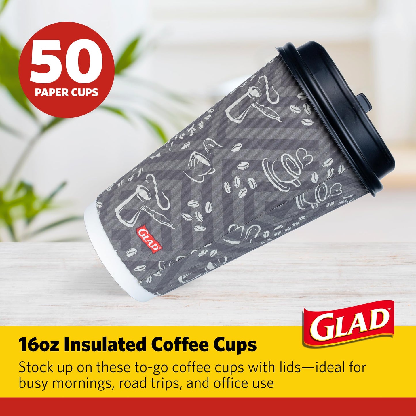 Glad Everyday Disposable Coffee Cups with Lids – 16 oz Insulated Paper Coffee Cups, Hot Chocolate, Hot Cocoa, or Tea Cups, No Sleeve Needed, 50 Count